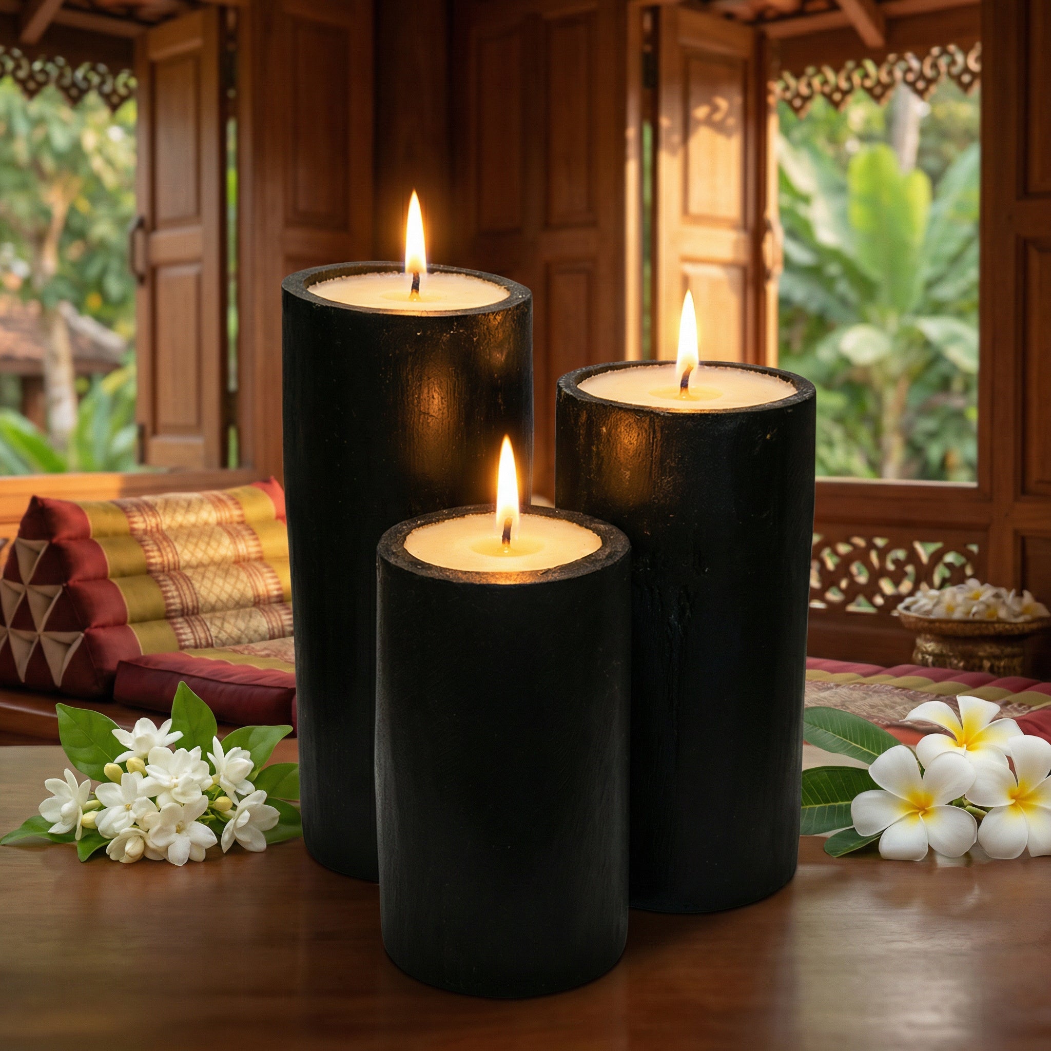 Handcrafted Handcrafted Black Bamboo Candles Set of 3 - Natural Lemongrass Rice Wax from Chiang Rai Thailand - Lalanna Design