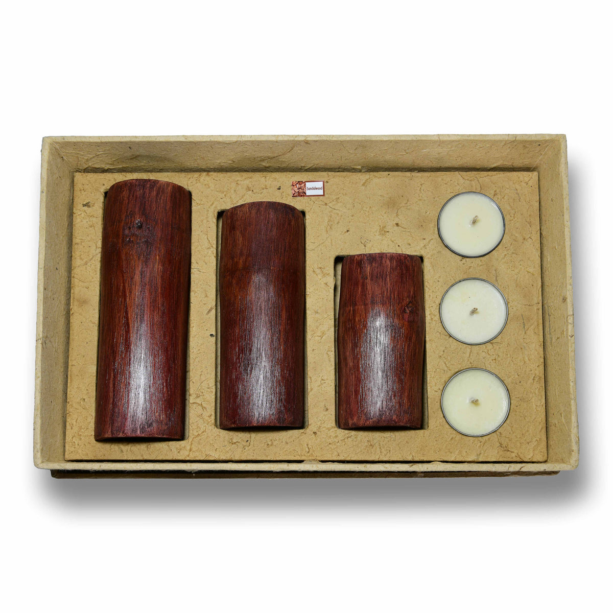 Handcrafted Handcrafted Red Bamboo Tealight Candle Holders Set of 3 - Natural Sandalwood Rice Wax from Chiang Mai Thailand - Lalanna Design