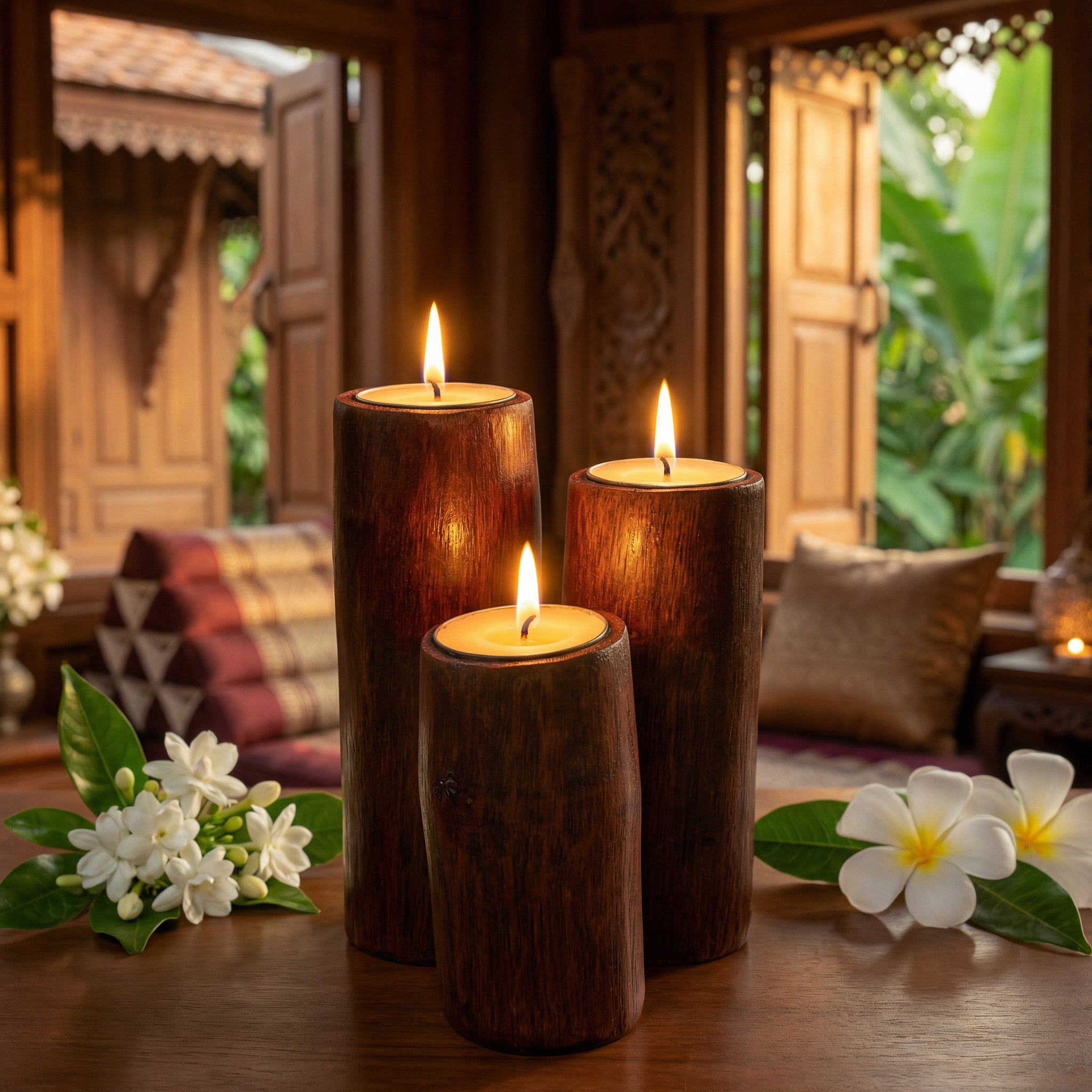 Handcrafted Handcrafted Red Bamboo Tealight Candle Holders Set of 3 - Natural Sandalwood Rice Wax from Chiang Rai Thailand - Lalanna Design