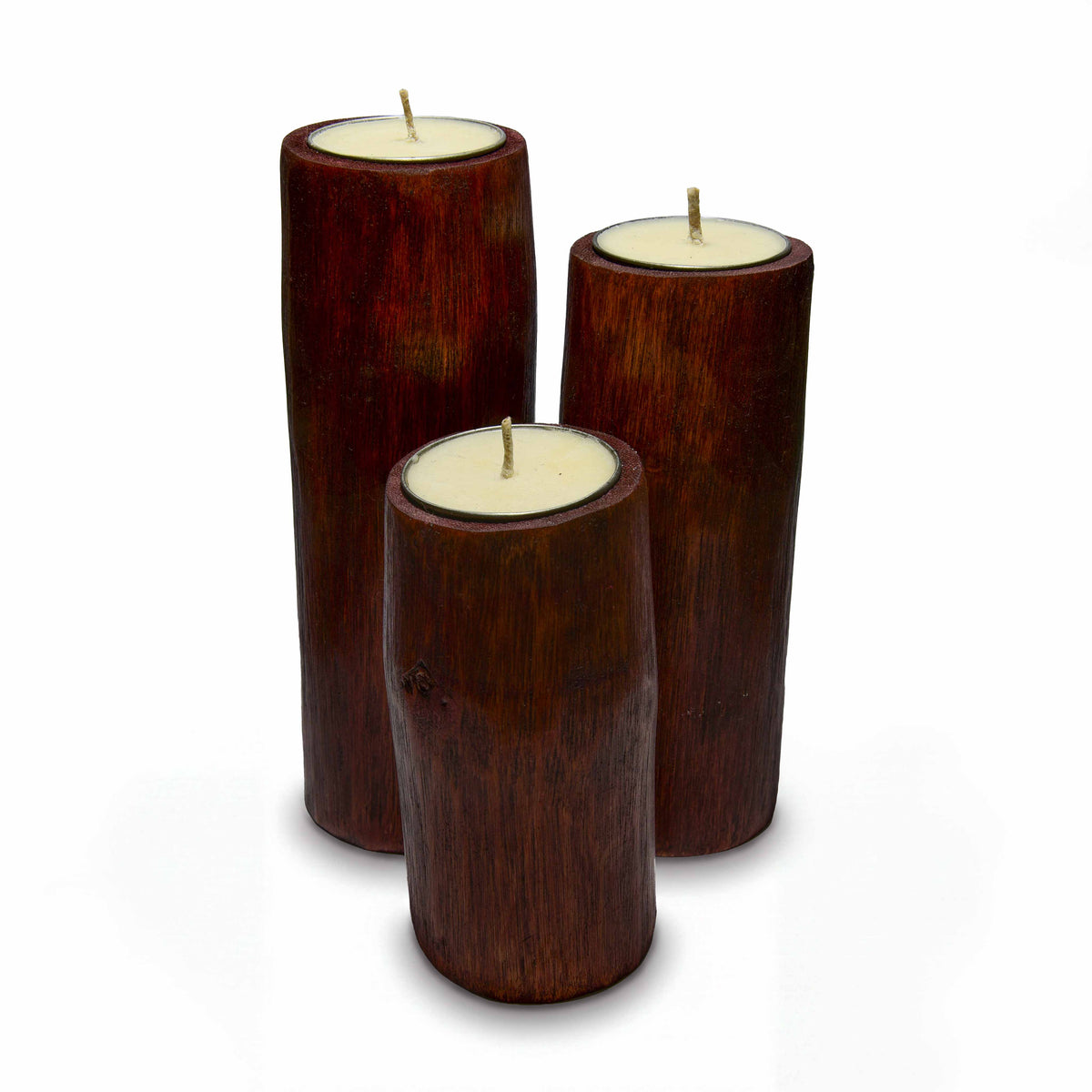 Handcrafted Handcrafted Red Bamboo Tealight Candle Holders Set of 3 - Natural Sandalwood Rice Wax from Chiang Mai Thailand - Lalanna Design