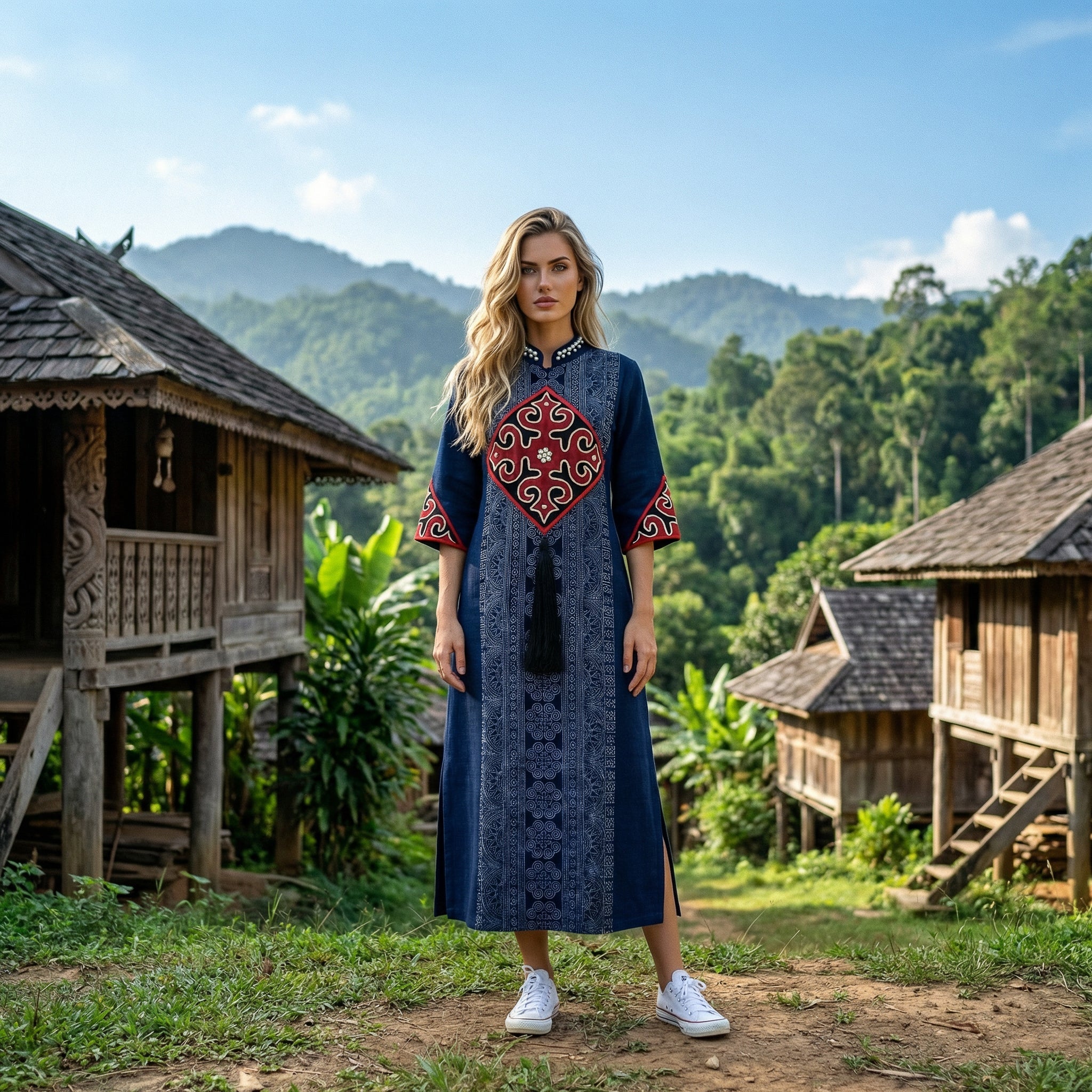 Handcrafted Iu Mien Batik Diamond Dress - Navy Blue from Chiang Rai Thailand - Lalanna Design