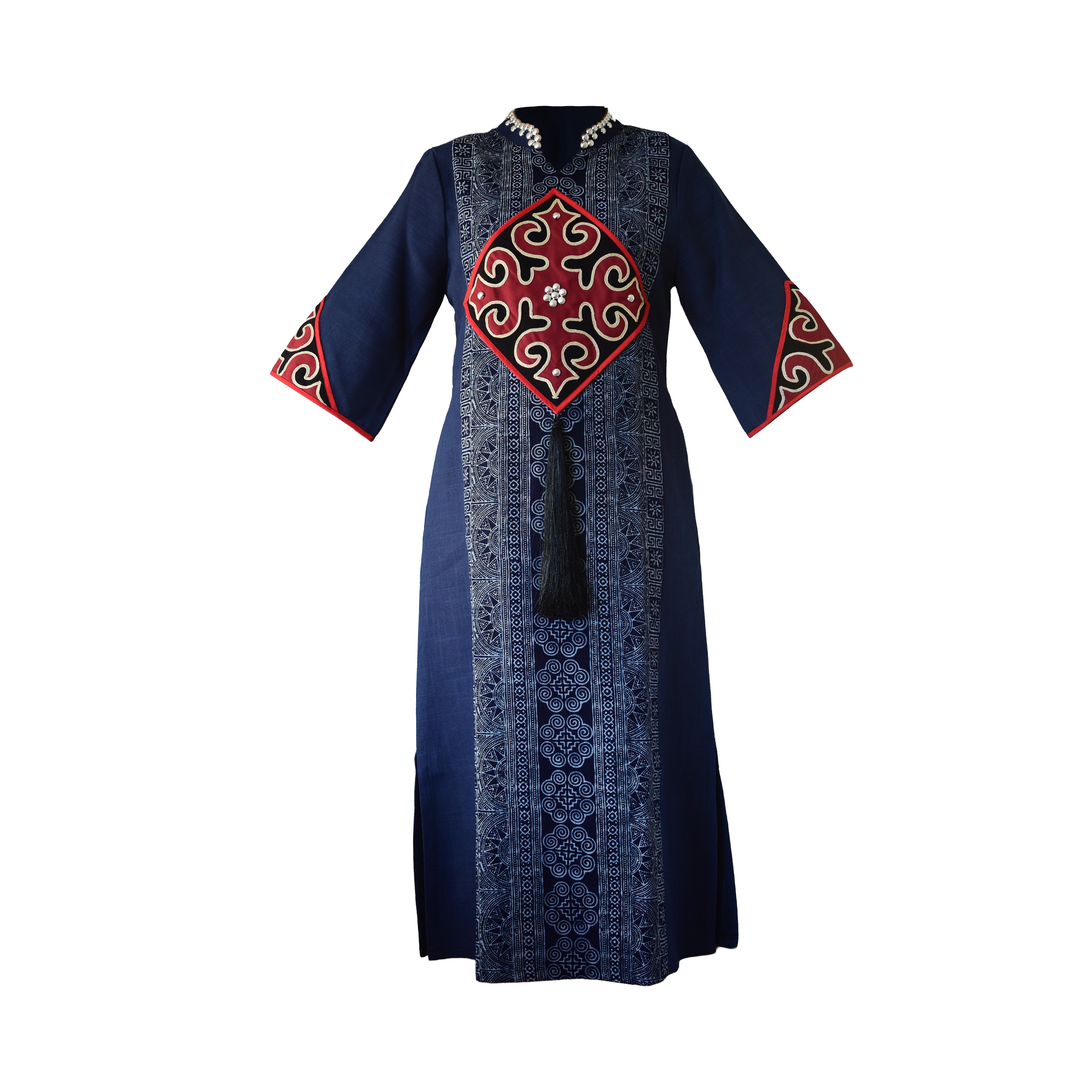 Handcrafted Iu Mien Batik Diamond Dress - Navy Blue from Chiang Rai Thailand - Lalanna Design