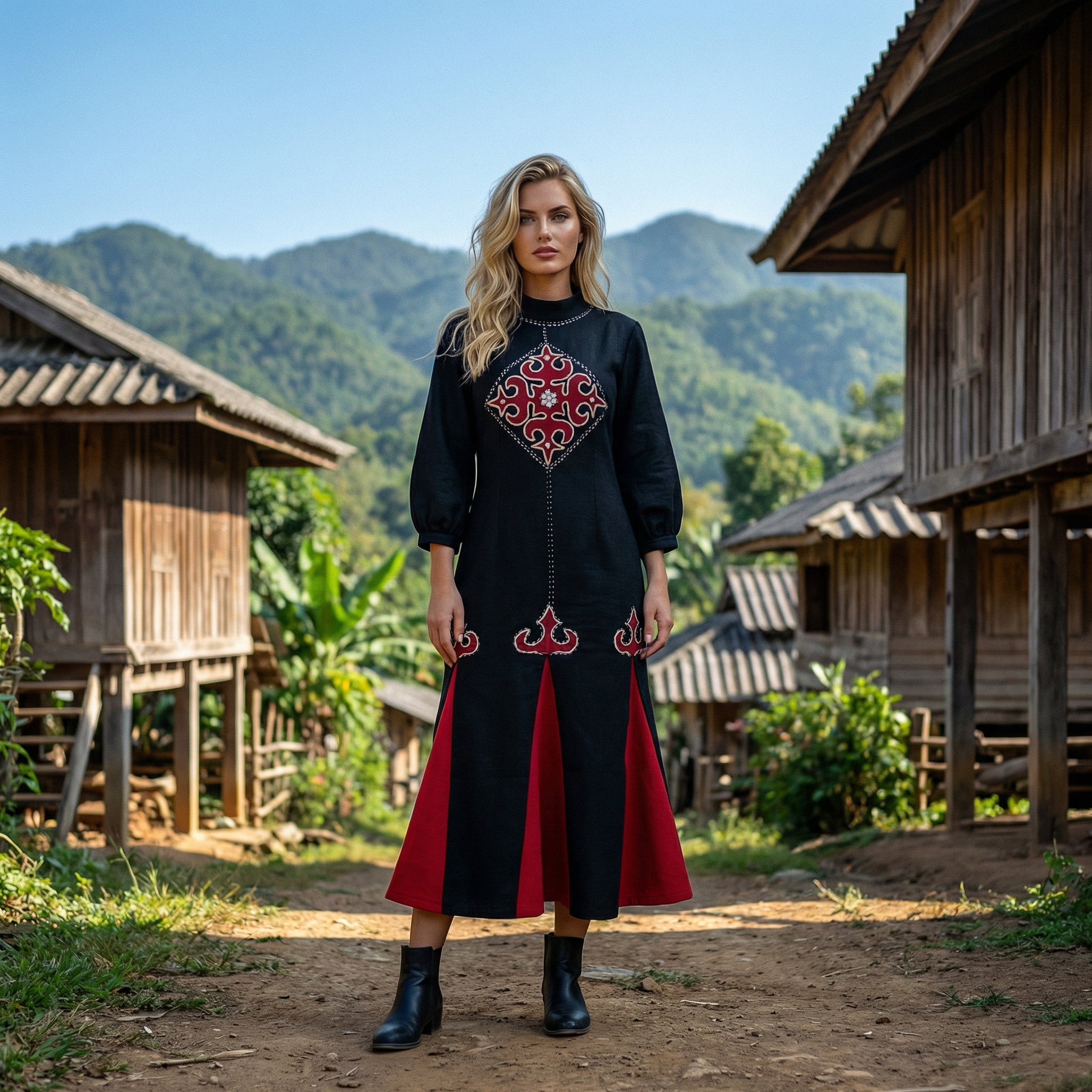 Handcrafted Iu Mien Crimson Diamond Dress from Chiang Rai Thailand - Lalanna Design