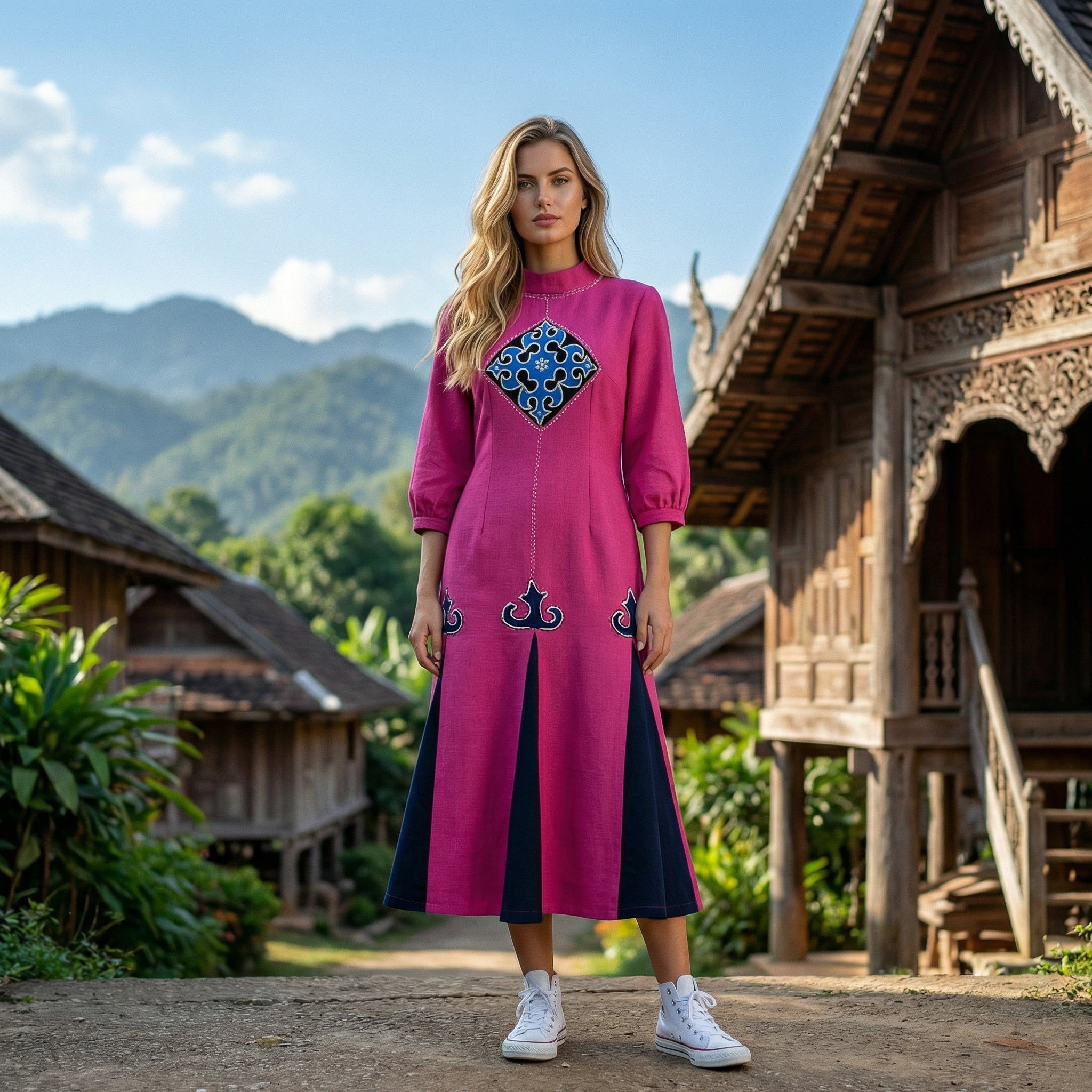 Handcrafted Iu Mien Pink Diamond Dress from Chiang Rai Thailand - Lalanna Design