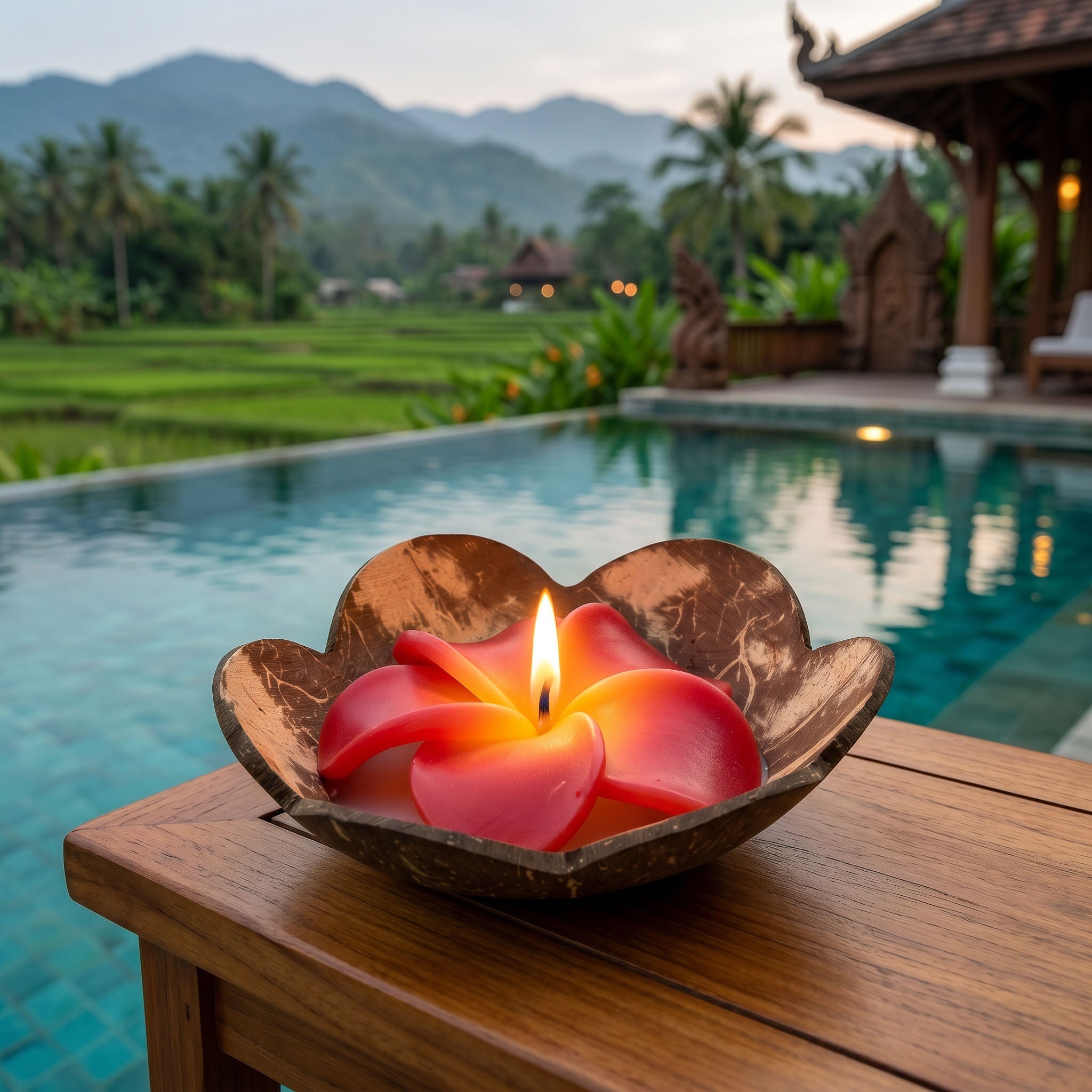 Handcrafted Lalanna Coconut Frangipani Scented Flower Candle Red from Chiang Rai Thailand - Lalanna Design