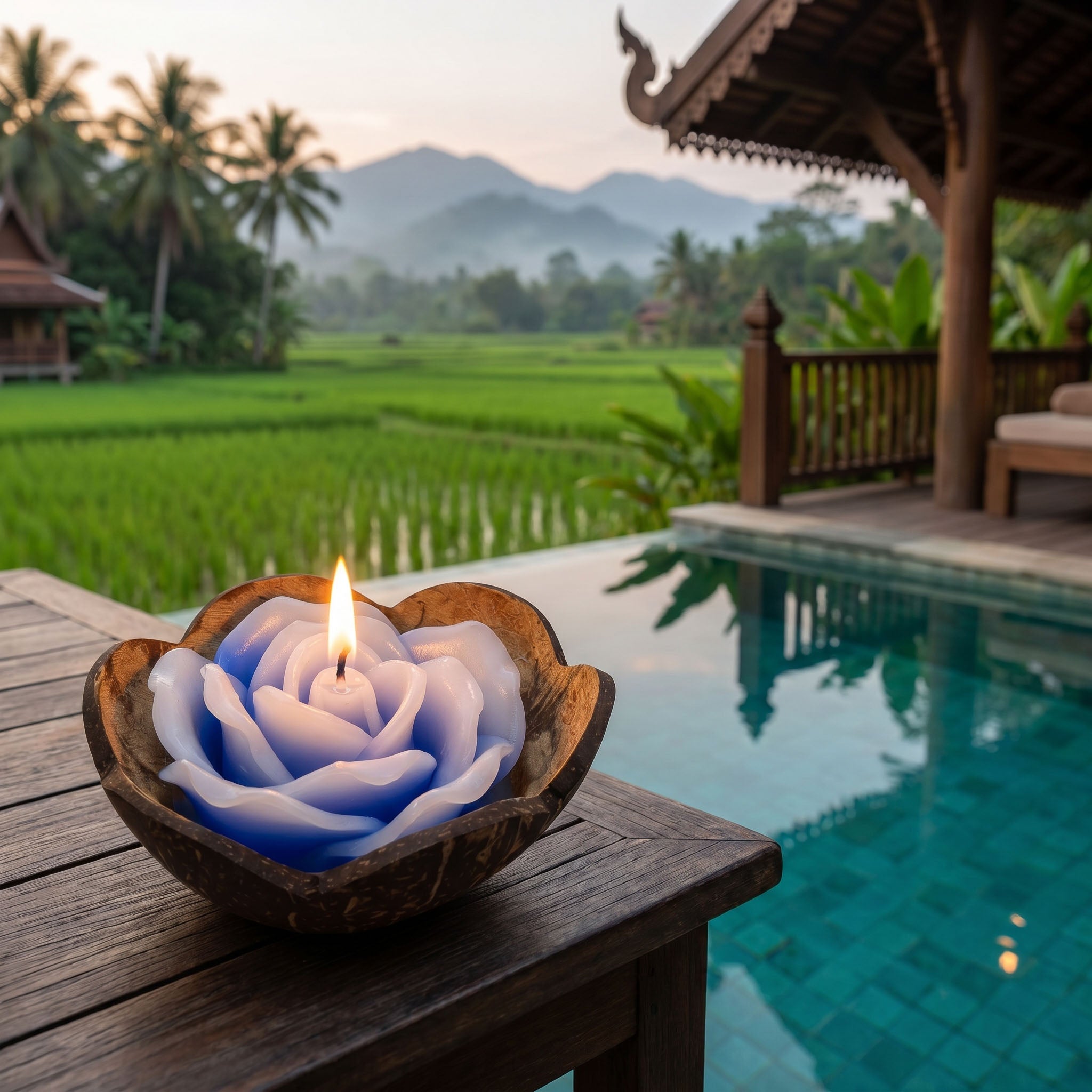 Handcrafted Lalanna Rose Coconut Rose-Scented Candle Blue from Chiang Rai Thailand - Lalanna Design
