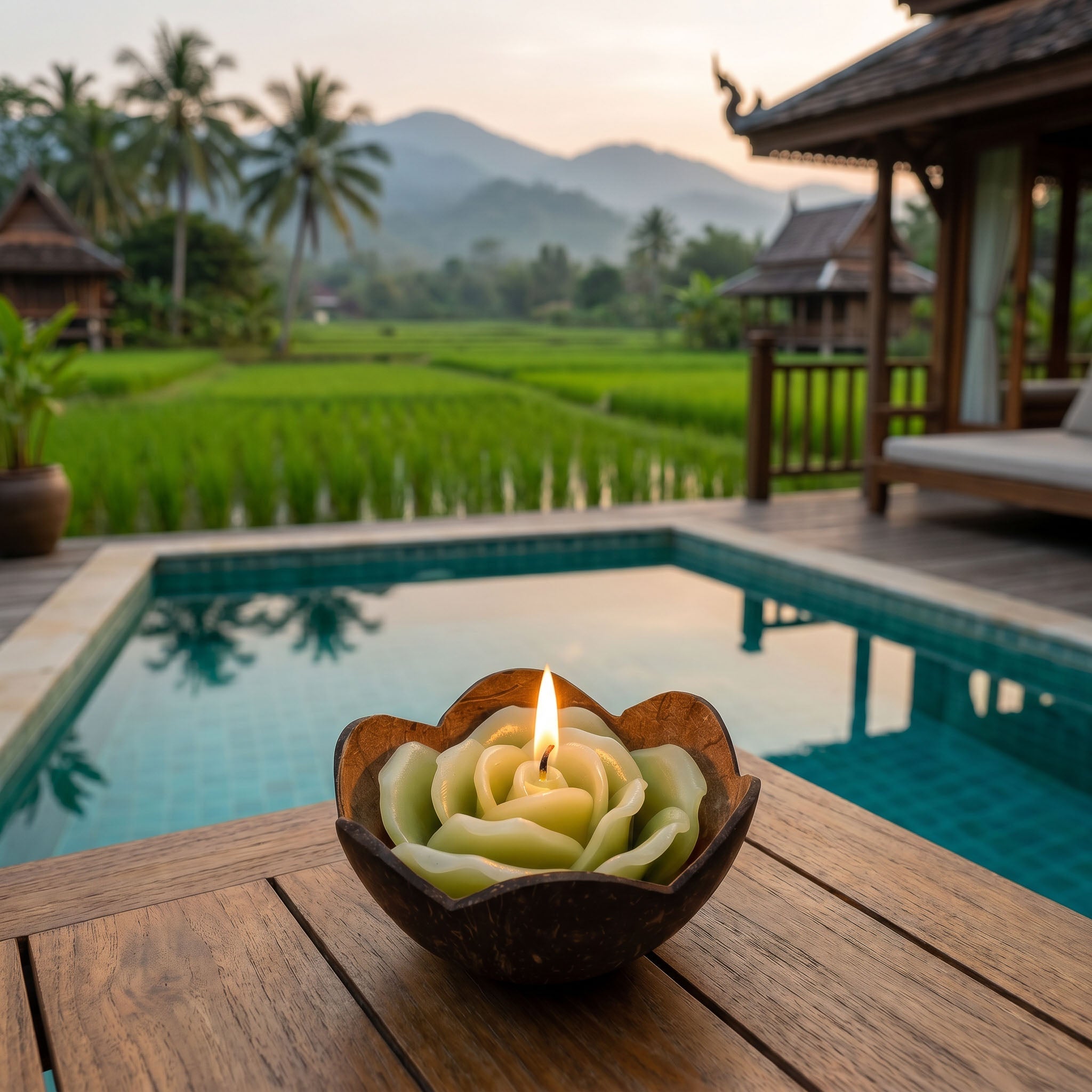 Handcrafted Lalanna Rose Coconut Rose-Scented Candle Green from Chiang Rai Thailand - Lalanna Design