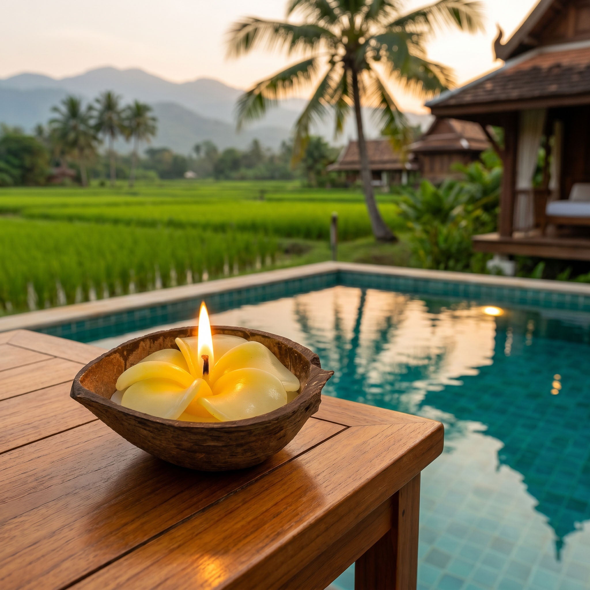 Handcrafted Lalanna Small Coconut Frangipani-Scented Flower Candle Yellow from Chiang Rai Thailand - Lalanna Design