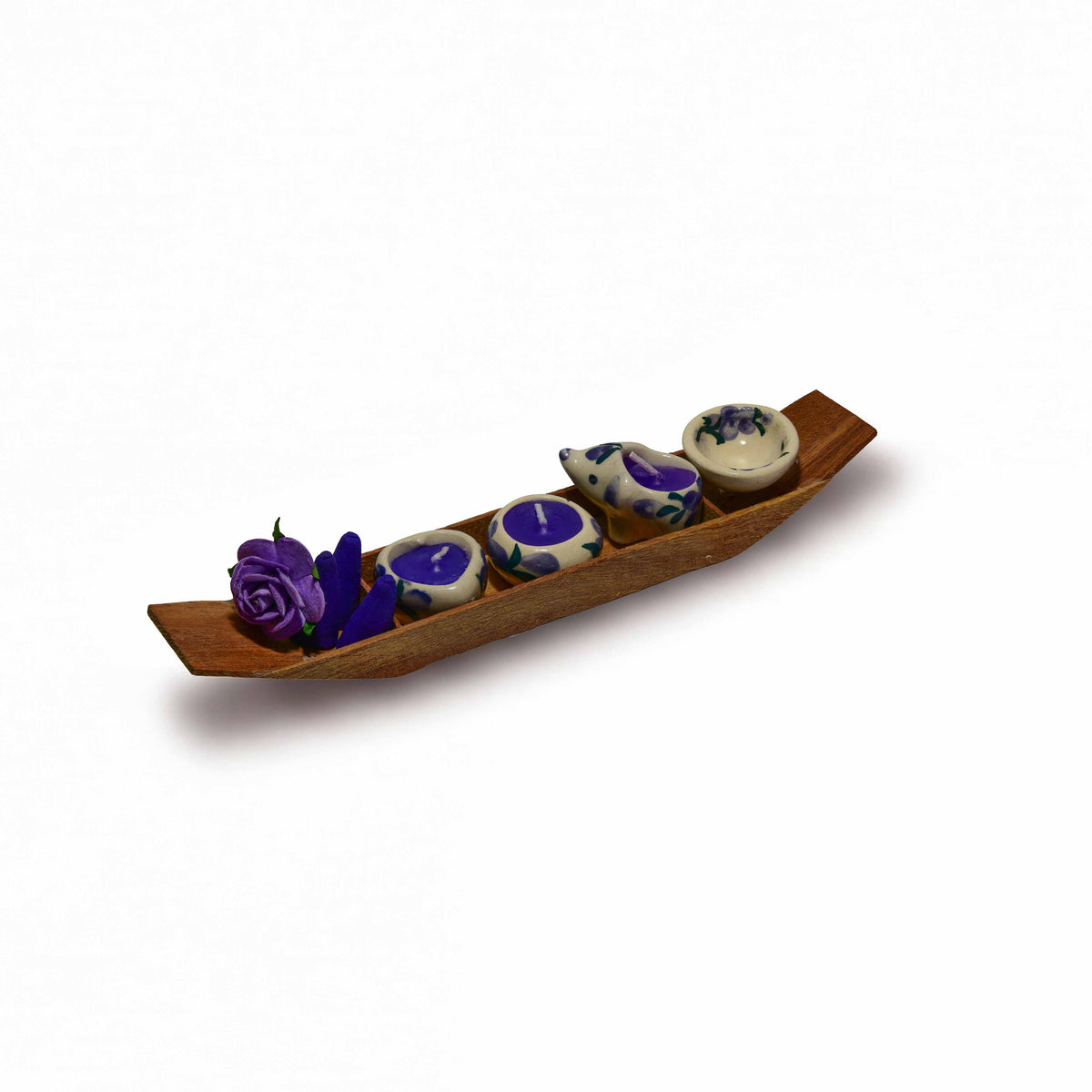 Handcrafted Lalanna Wooden Boat Lavender Incense and Candle Holder from Chiang Mai Thailand - Lalanna Design