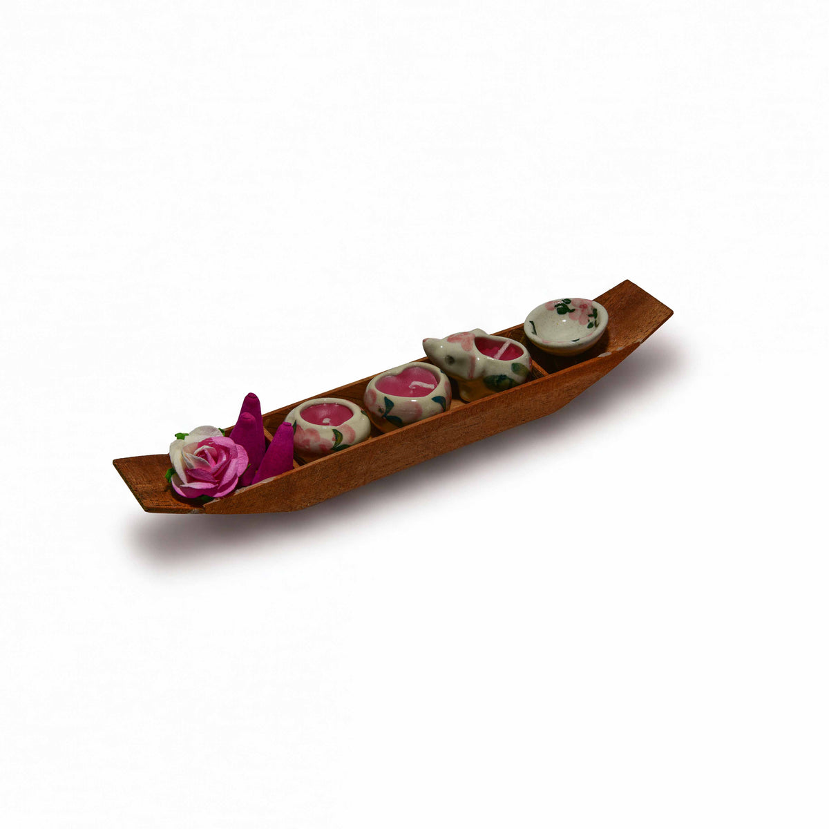Handcrafted Lalanna Wooden Boat Orchid Incense and Candle Holder from Chiang Mai Thailand - Lalanna Design