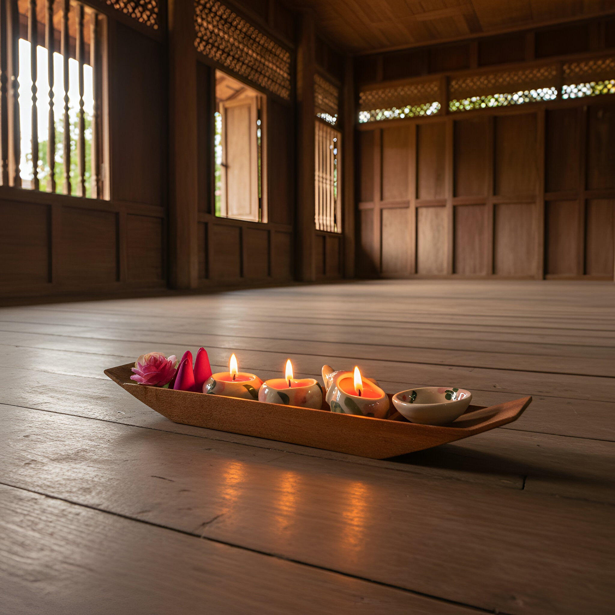 Handcrafted Lalanna Wooden Boat Orchid Incense and Candle Holder from Chiang Rai Thailand - Lalanna Design