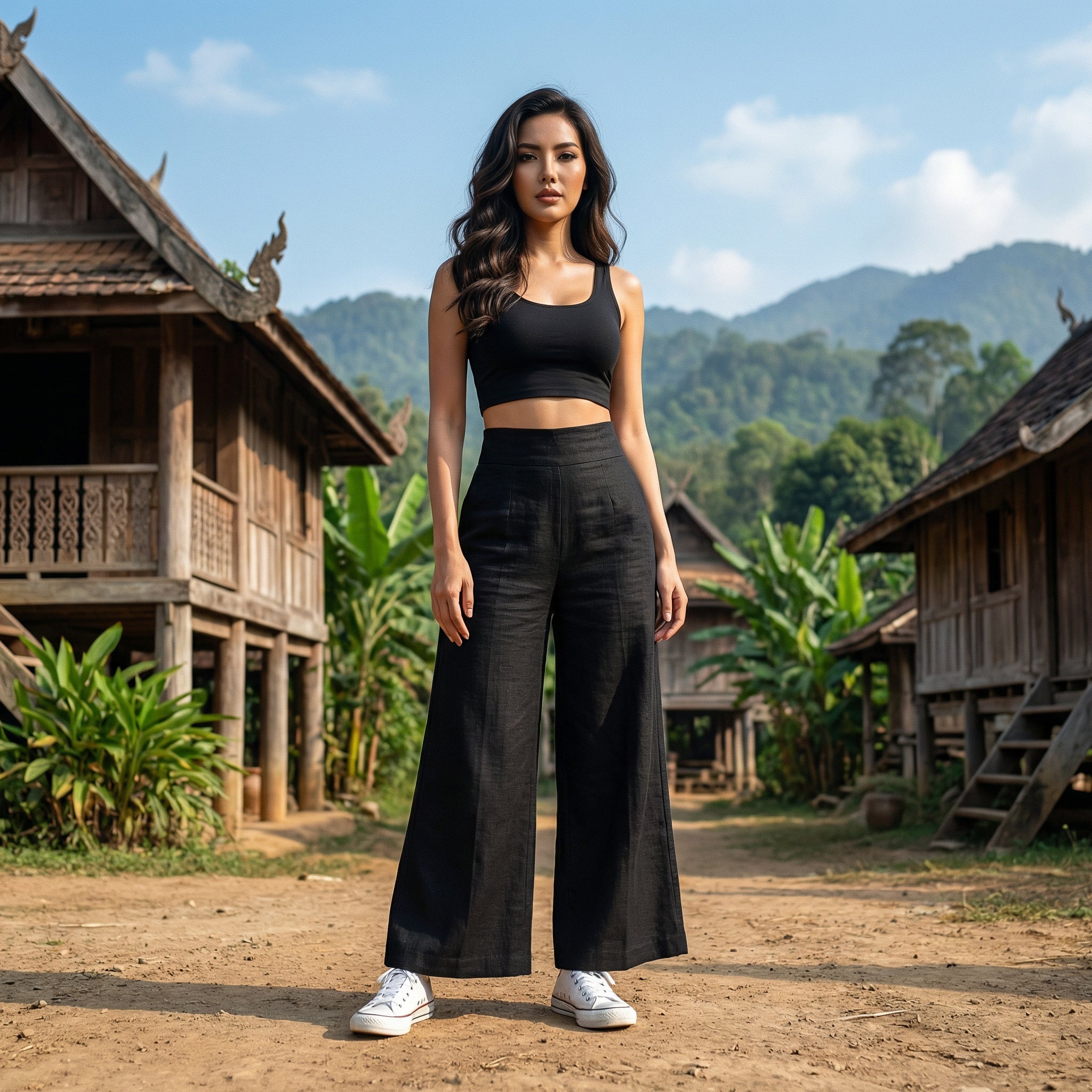 Handcrafted Lanna Hemp Wide-Leg Trousers - Black from Chiang Rai Thailand - Lalanna Design