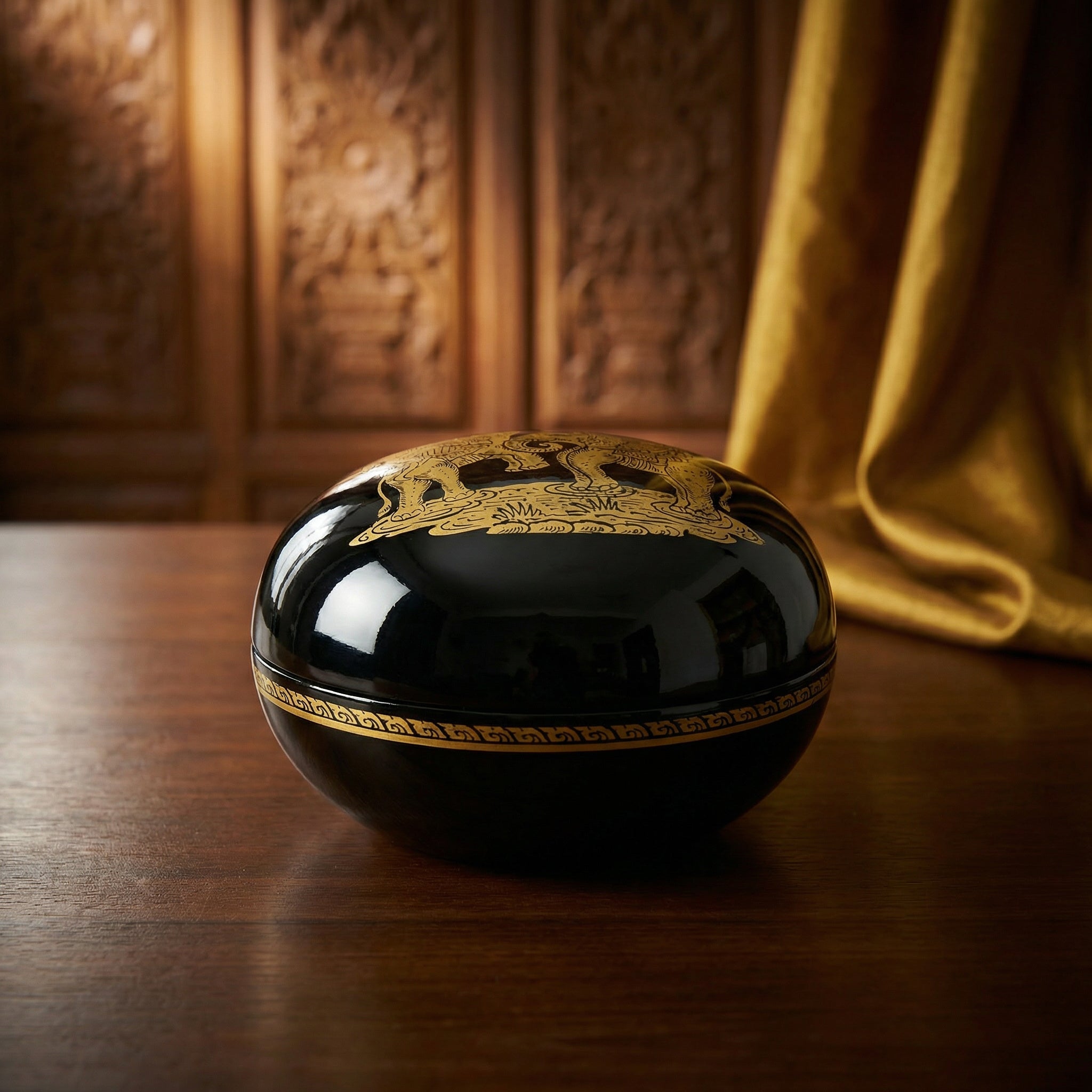 Handcrafted Lanna Lacquerware Mythical Elephant Warriors Box from Chiang Mai Thailand - Lalanna Design
