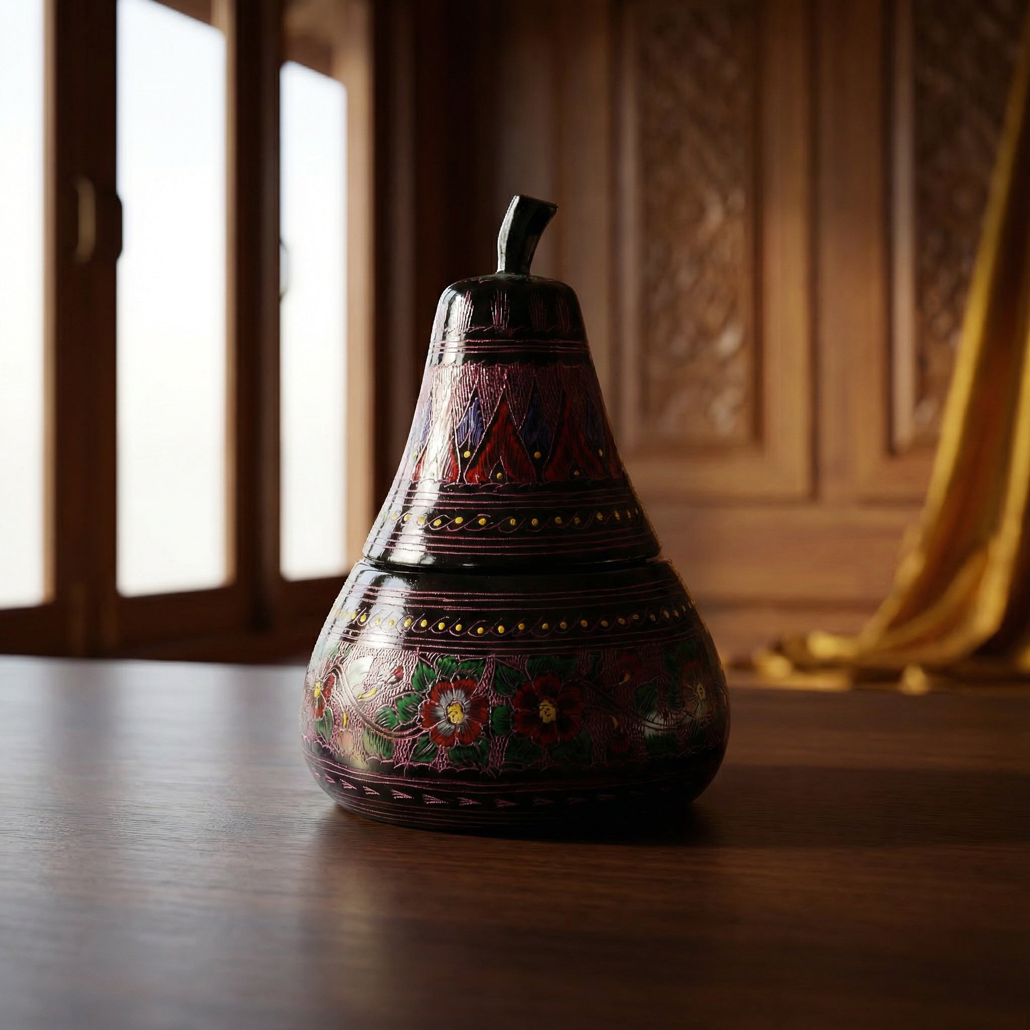 Handcrafted Lanna Lacquerware Red Floral Pear Decorative Box from Chiang Mai Thailand - Lalanna Design