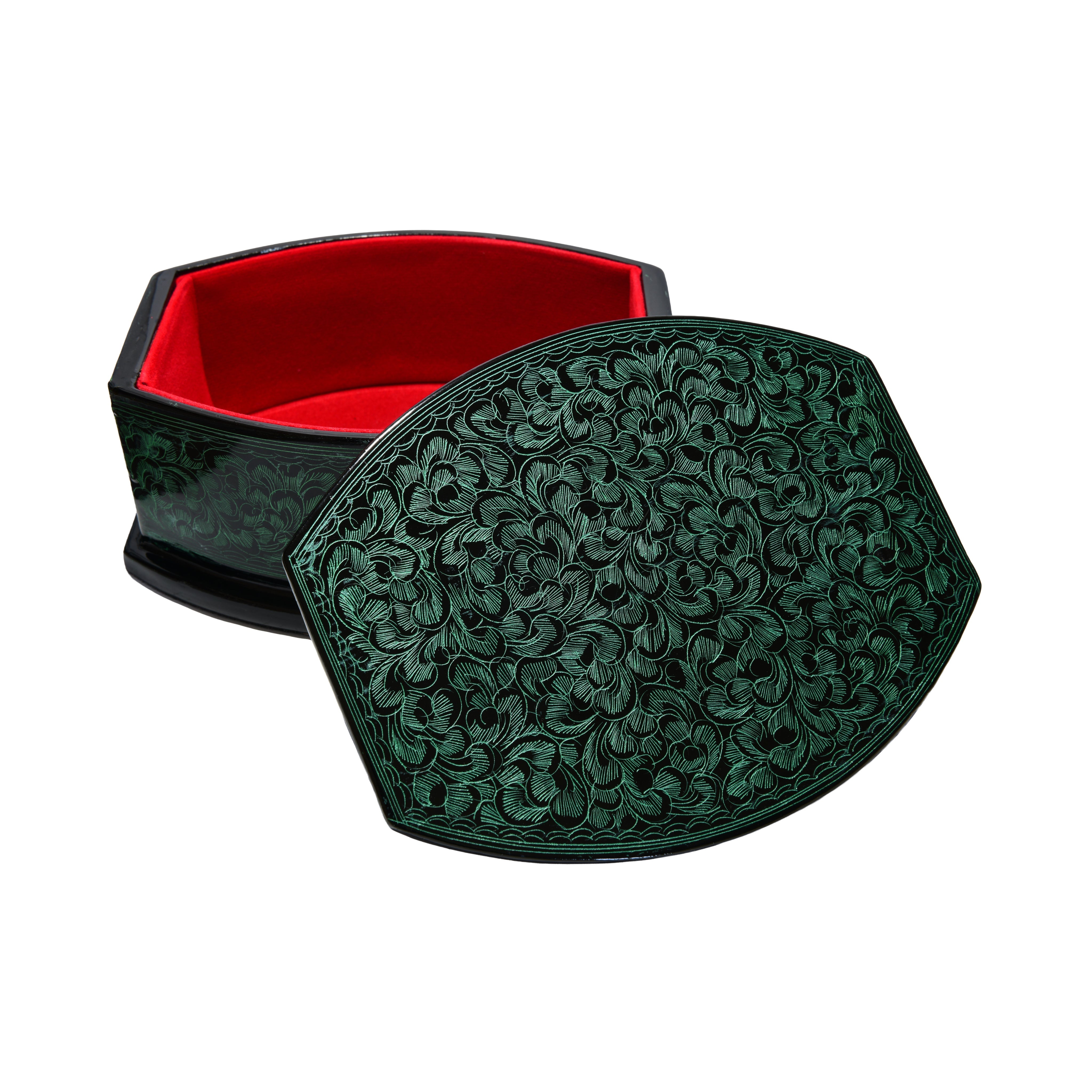 Handcrafted Lanna Lacquerware Rounded Hexagonal Green Decorative Box from Chiang Mai Thailand - Lalanna Design