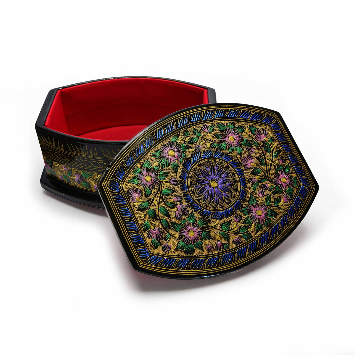 Handcrafted Lanna Lacquerware Rounded Hexagonal Purple Decorative Box from Chiang Mai Thailand - Lalanna Design