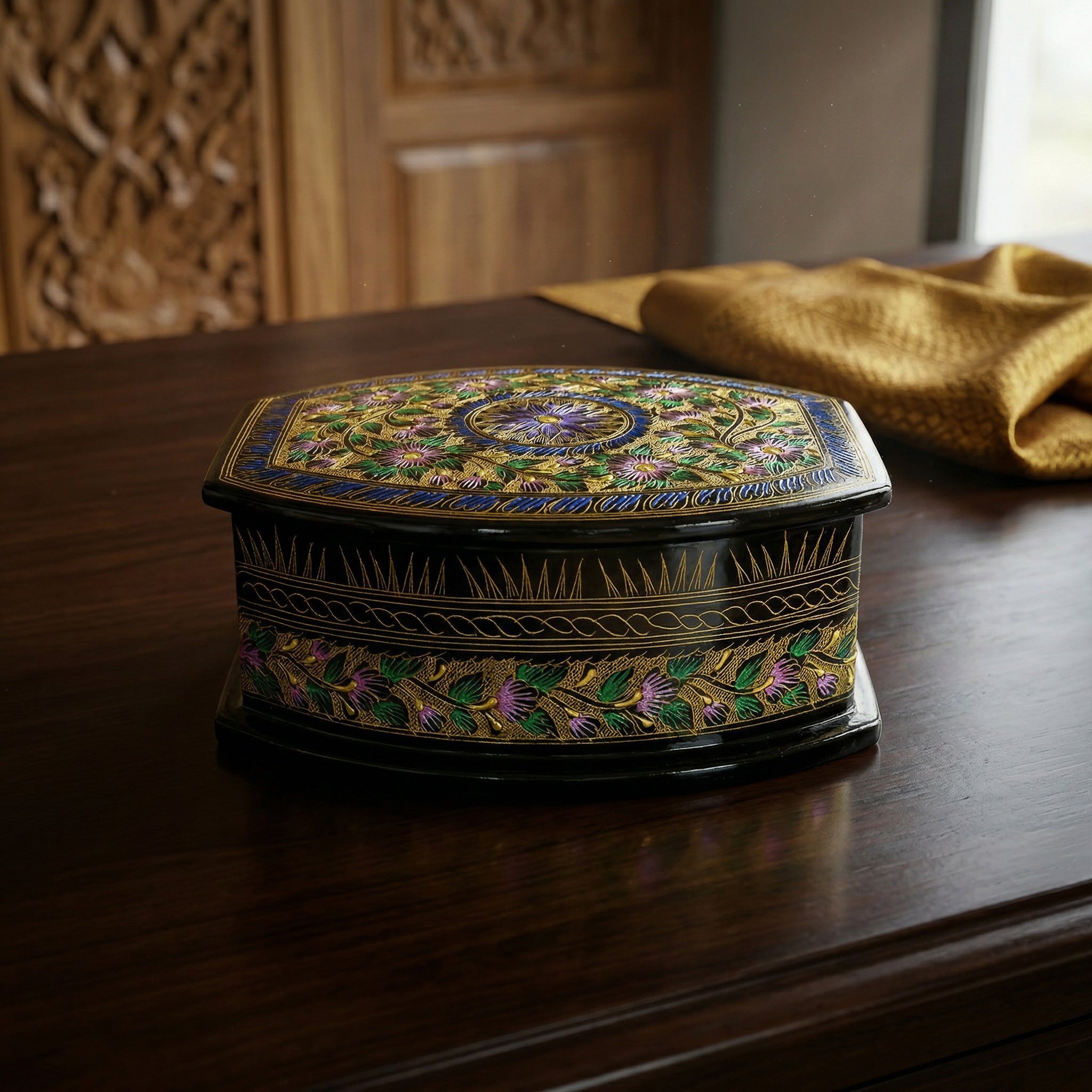 Handcrafted Lanna Lacquerware Rounded Hexagonal Purple Decorative Box from Chiang Mai Thailand - Lalanna Design