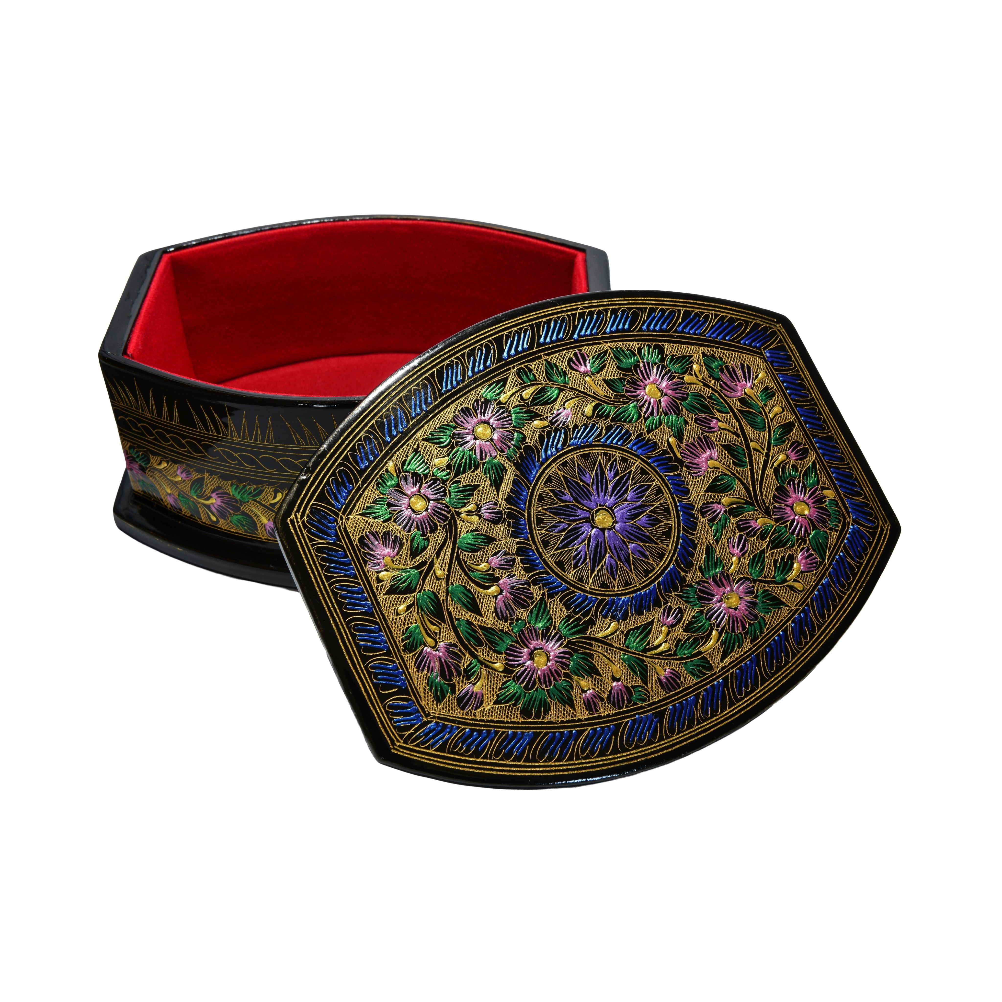 Handcrafted Lanna Lacquerware Rounded Hexagonal Purple Decorative Box from Chiang Mai Thailand - Lalanna Design