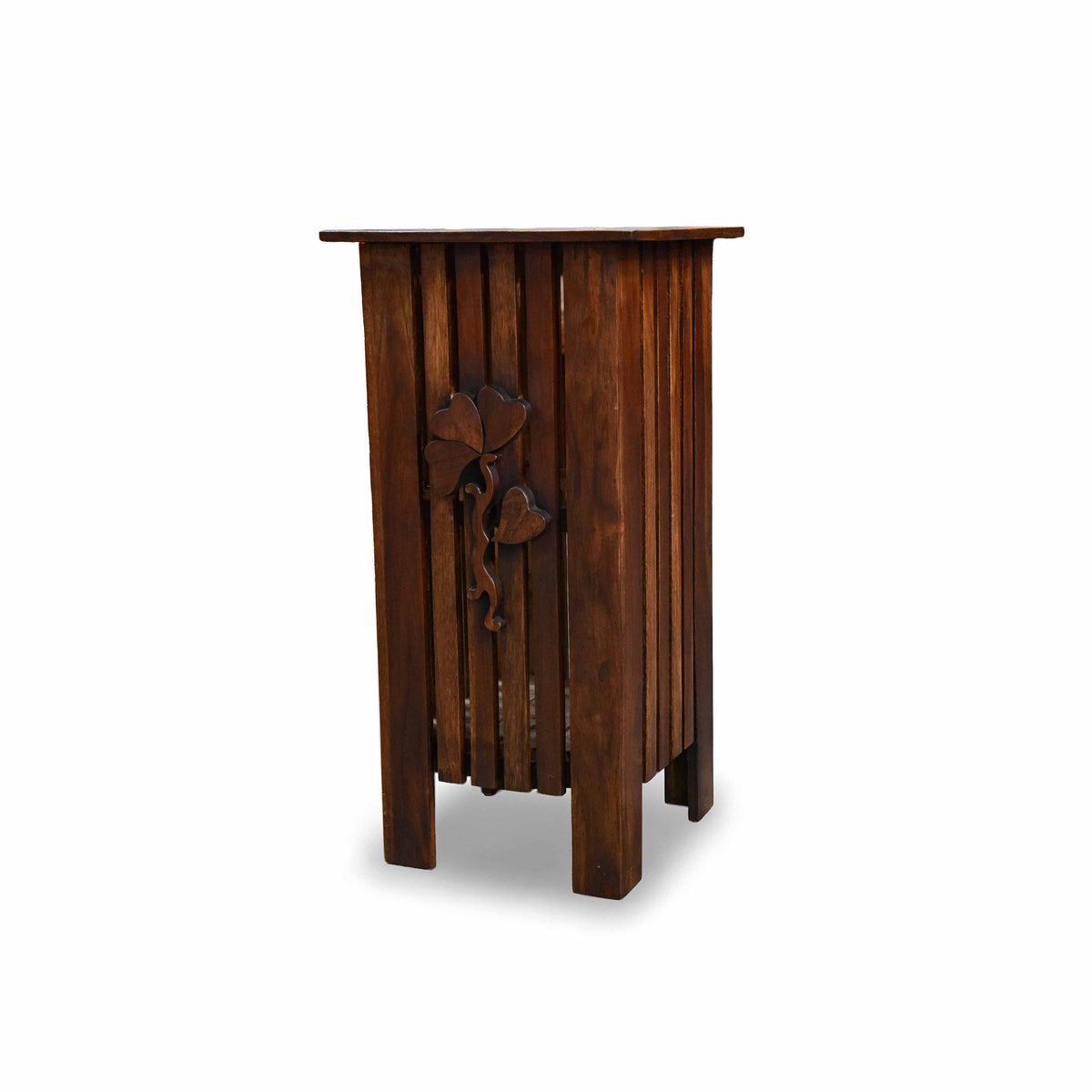 Handcrafted Lanna Style Tall Teak Side Table with Hand-Carved Leaf Motif from Chiang Mai Thailand - Lalanna Design