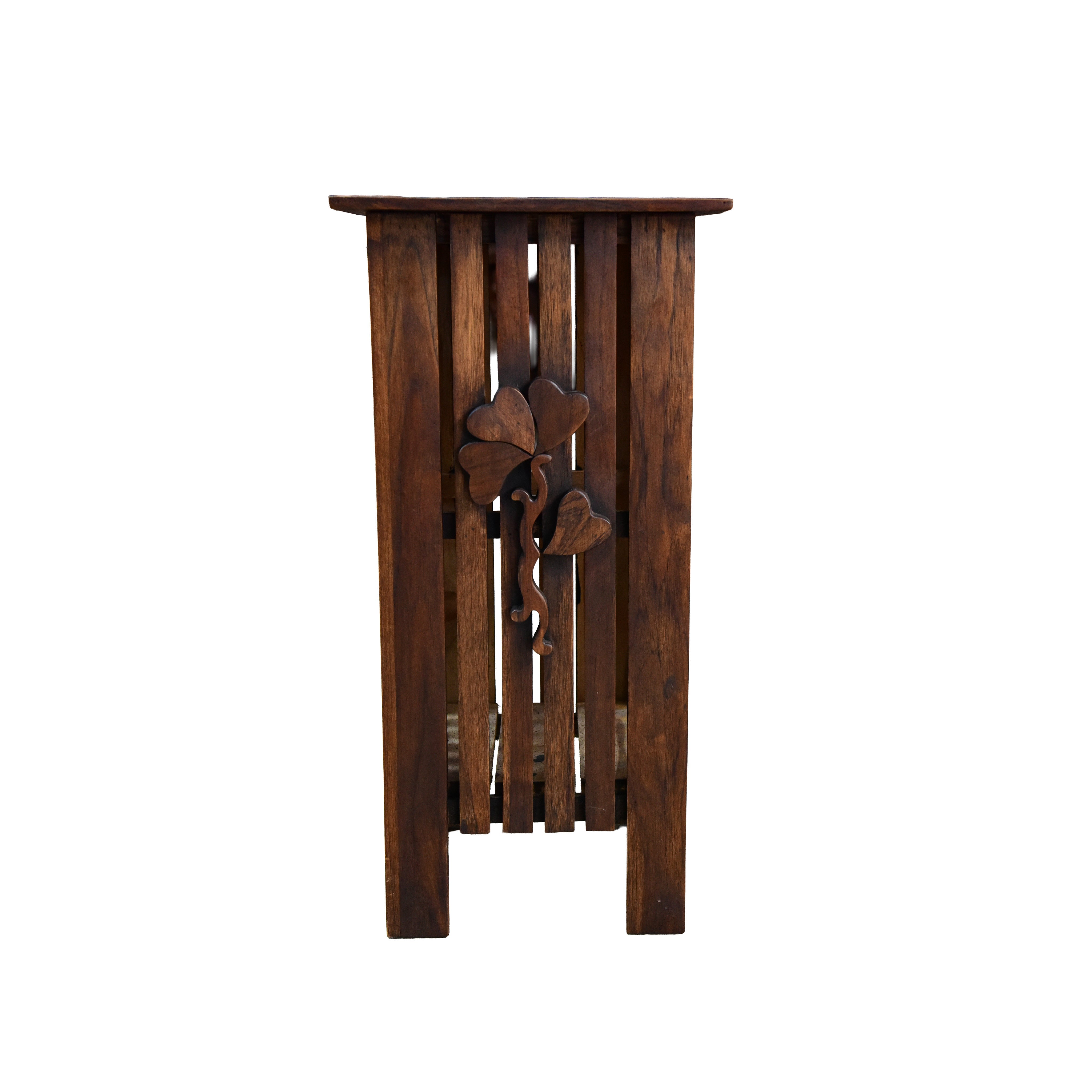 Handcrafted Lanna Style Tall Teak Side Table with Hand-Carved Leaf Motif from Chiang Rai Thailand - Lalanna Design