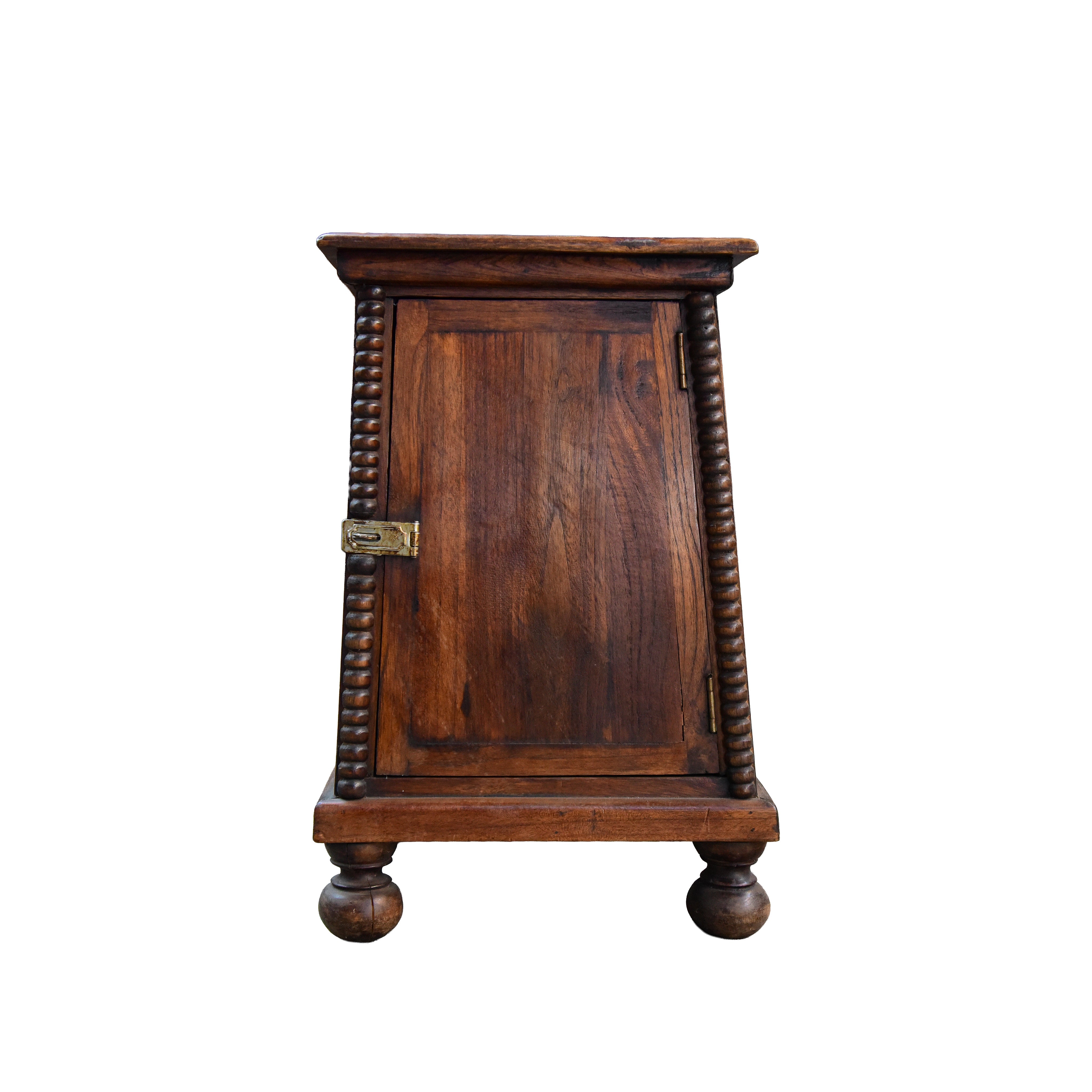 Handcrafted Lanna Style Teak Bedside Cabinet with Turned Columns and Brass Latch from Chiang Rai Thailand - Lalanna Design