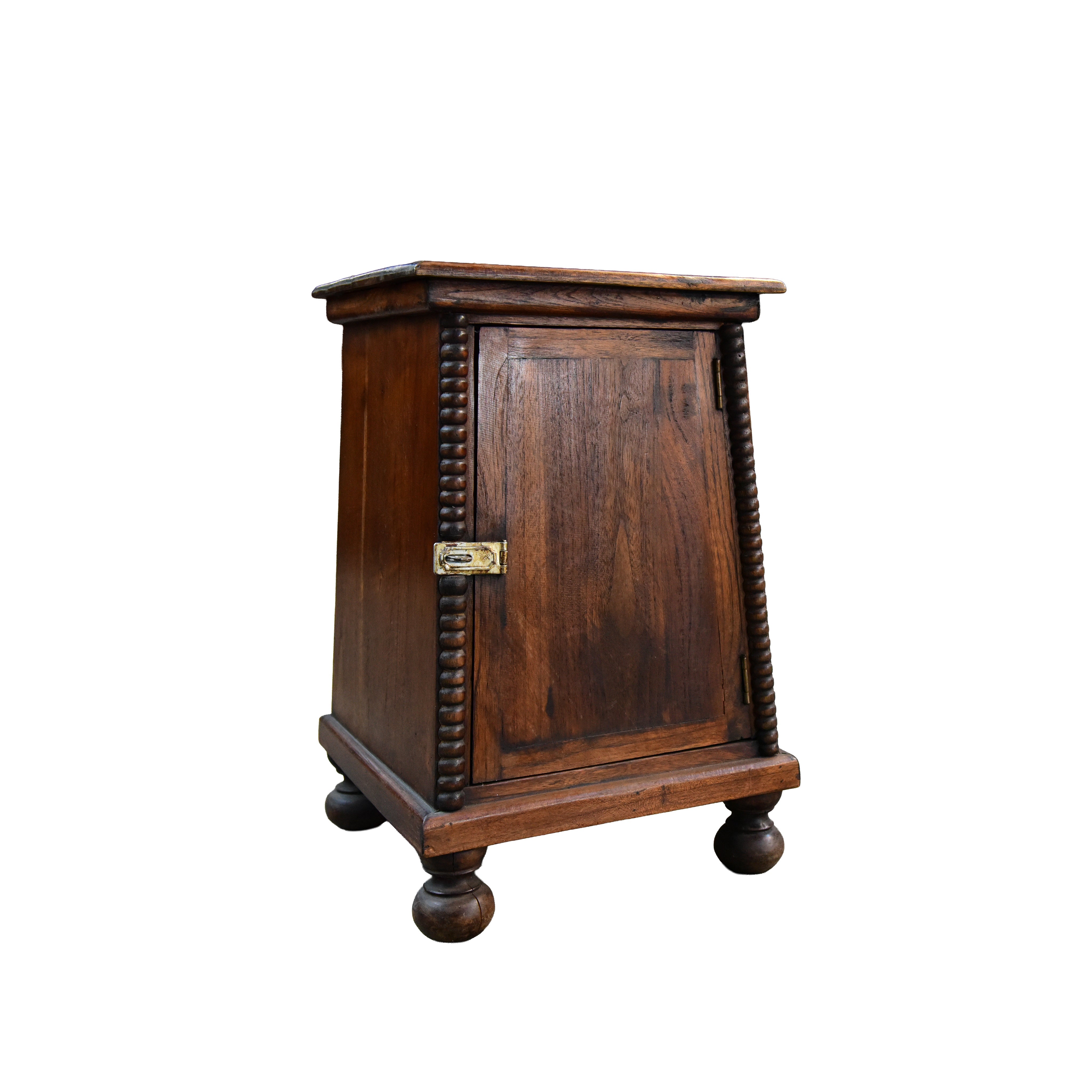 Handcrafted Lanna Style Teak Bedside Cabinet with Turned Columns and Brass Latch from Chiang Mai Thailand - Lalanna Design
