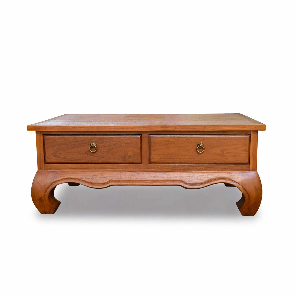 Handcrafted Lanna Style Teak Coffee Table with 2 Drawers and Brass Pulls from Chiang Mai Thailand - Lalanna Design