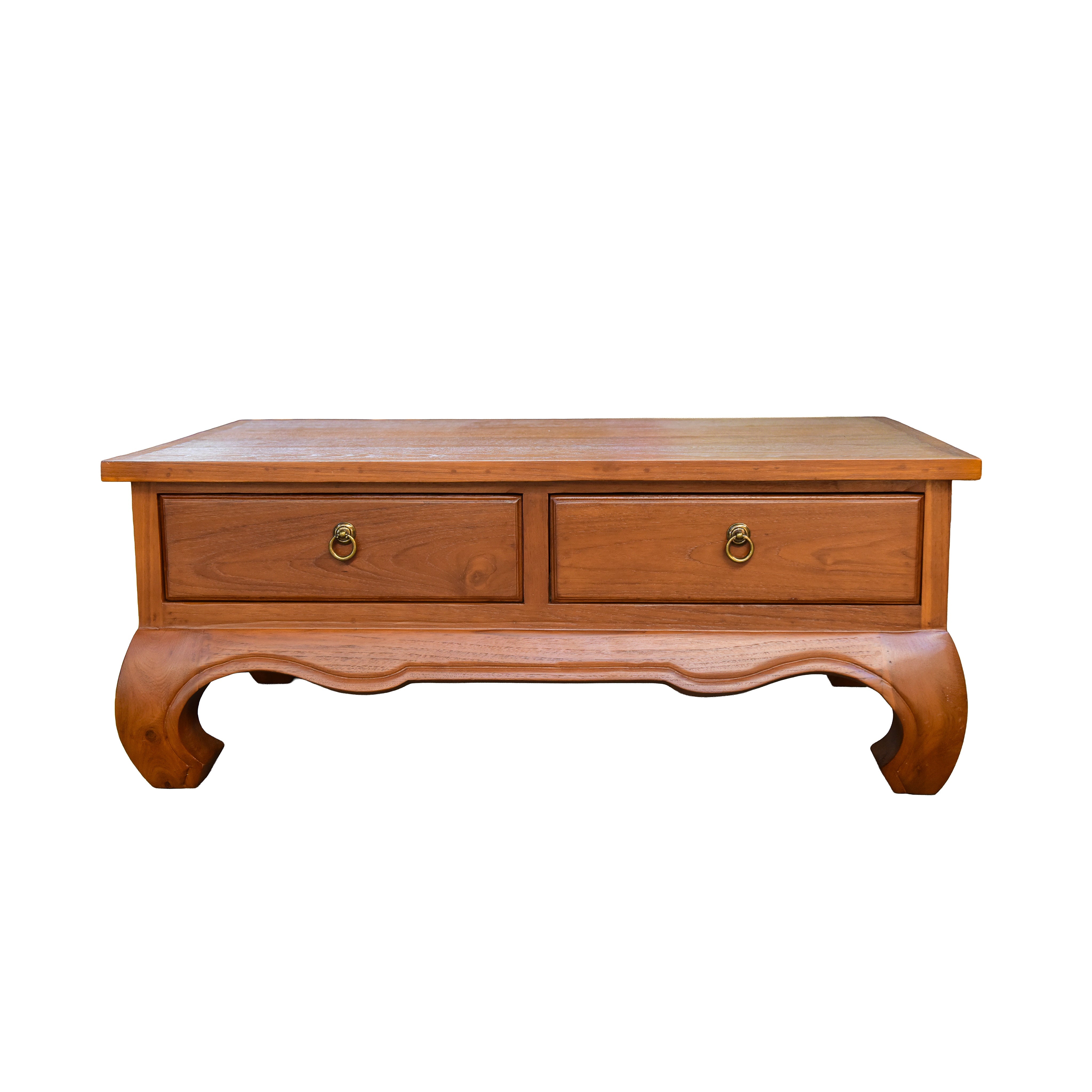 Handcrafted Lanna Style Teak Coffee Table with 2 Drawers and Brass Pulls from Chiang Rai Thailand - Lalanna Design