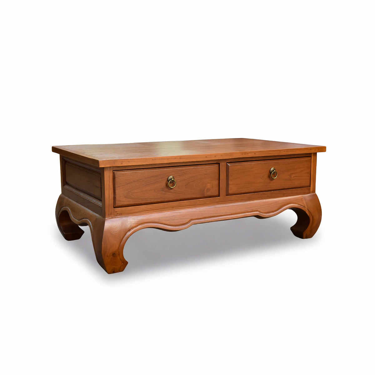 Handcrafted Lanna Style Teak Coffee Table with 2 Drawers and Brass Pulls from Chiang Mai Thailand - Lalanna Design