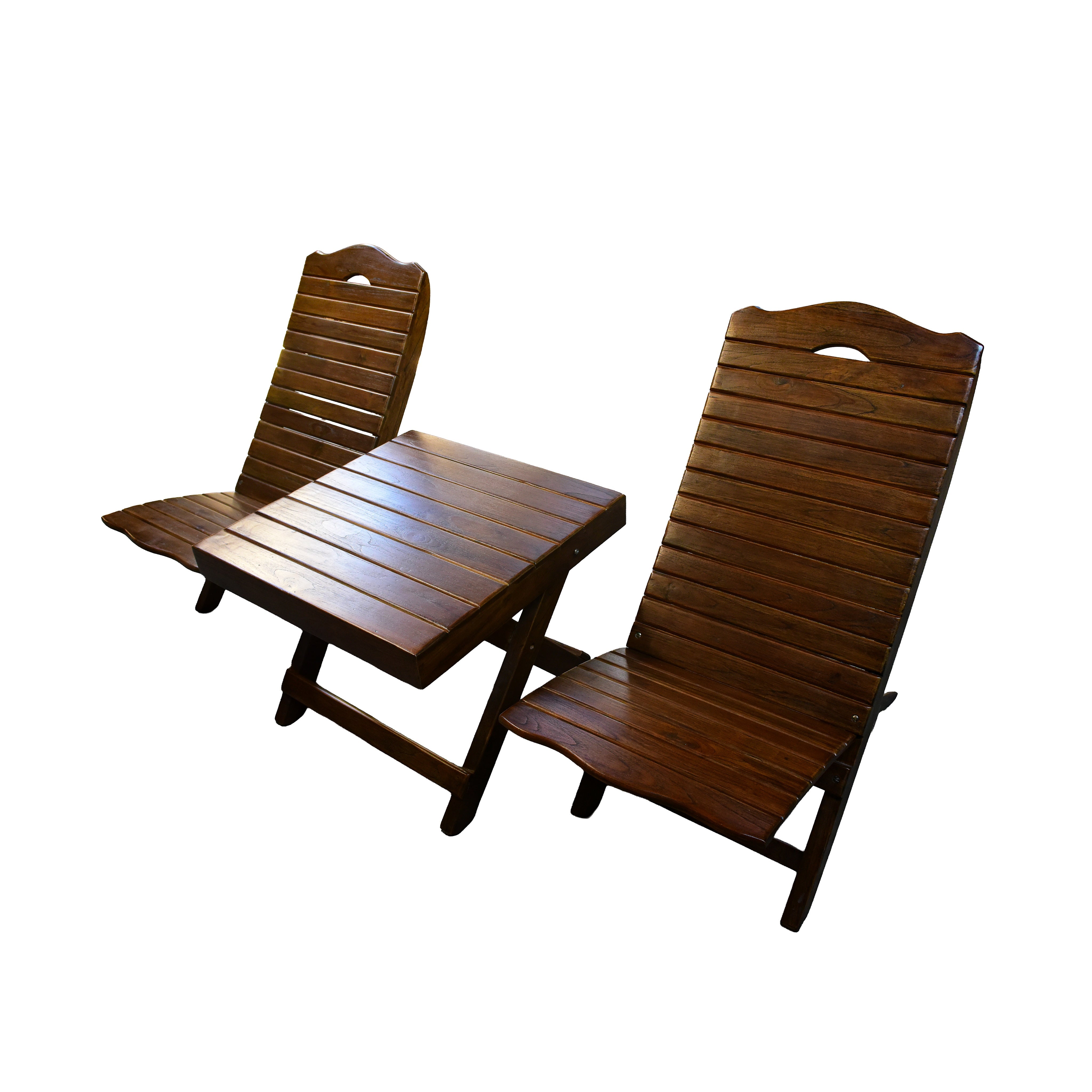 Handcrafted Lanna Style Teak Folding Double Chaise Lounge Set with Side Table from Chiang Rai Thailand - Lalanna Design