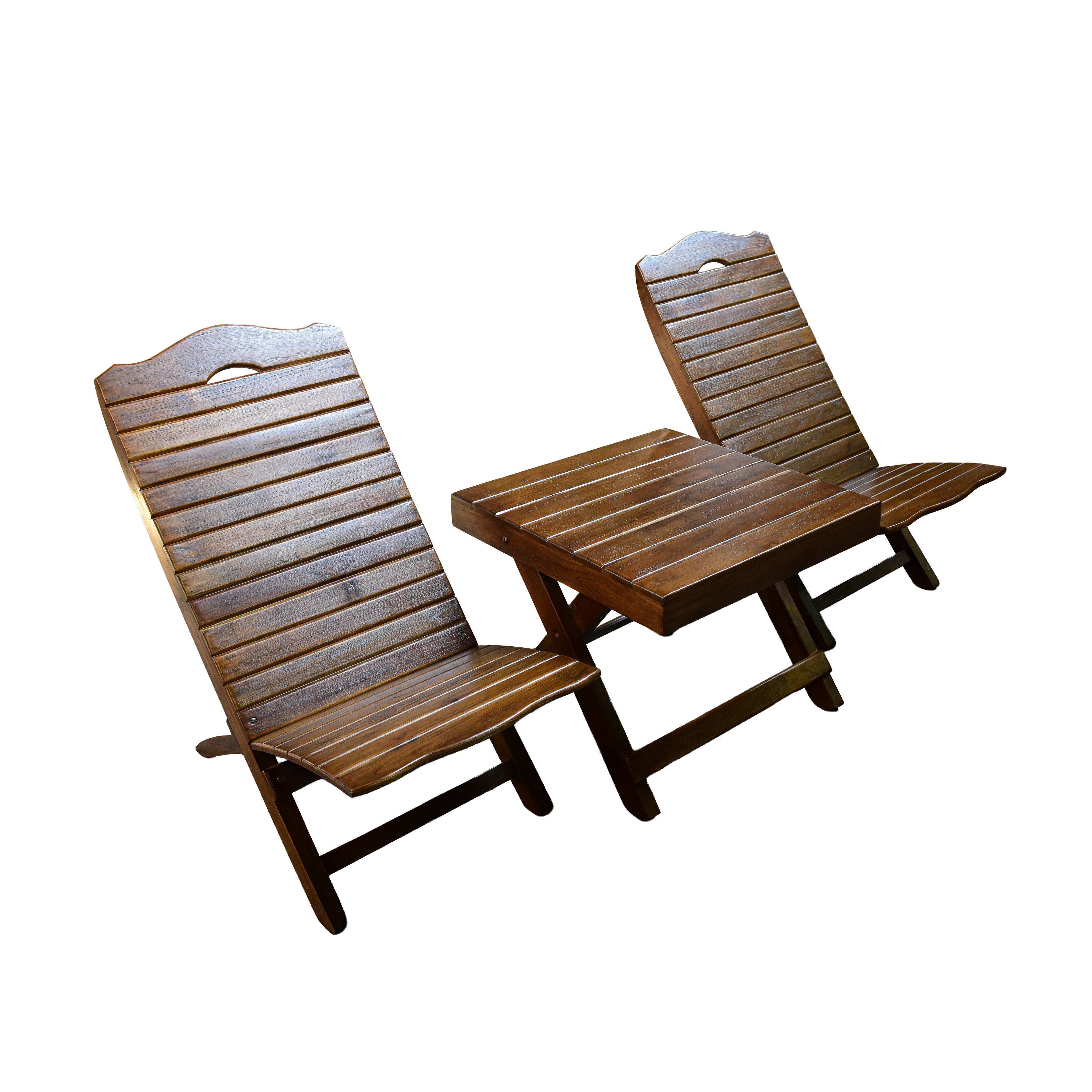 Handcrafted Lanna Style Teak Folding Double Chaise Lounge Set with Side Table from Chiang Mai Thailand - Lalanna Design