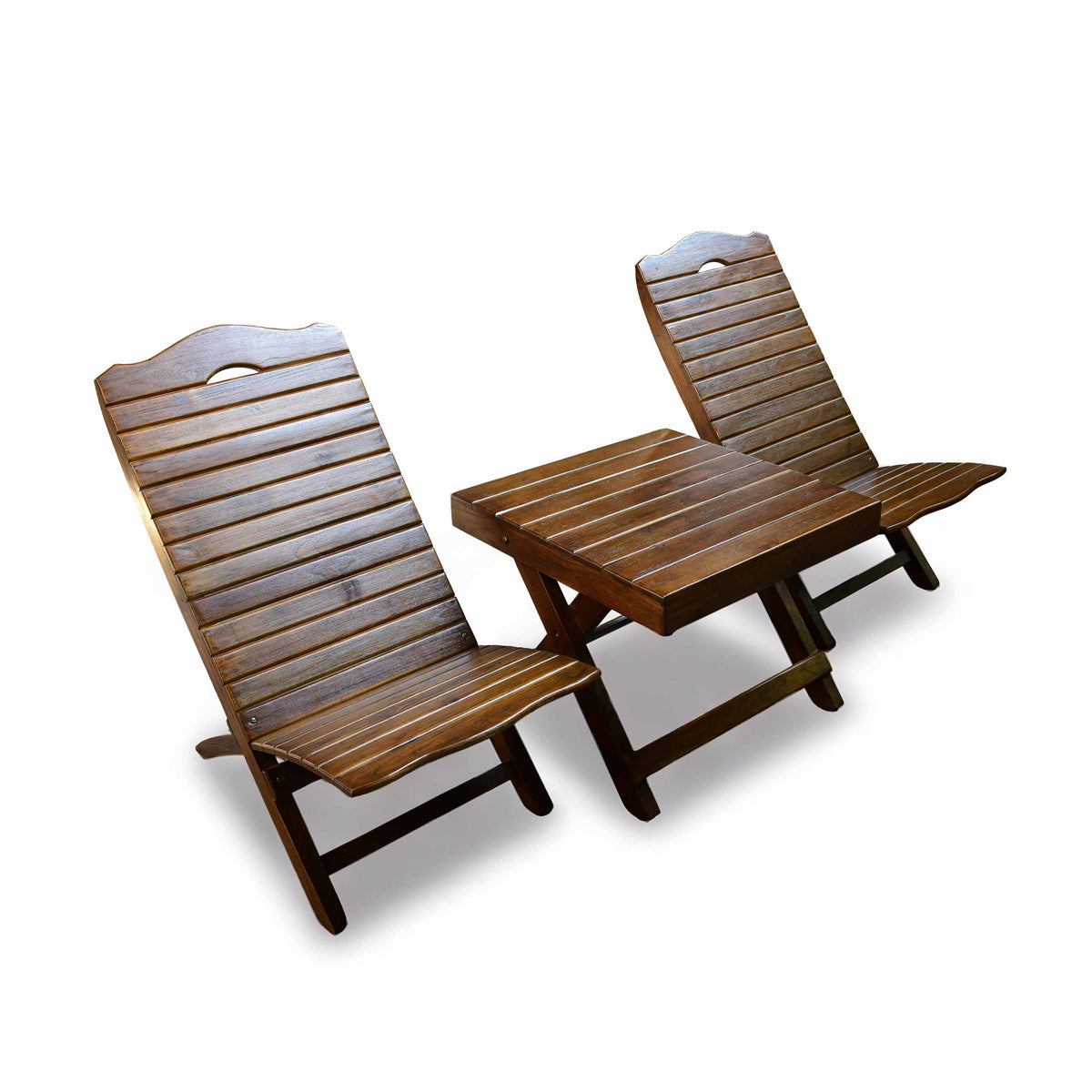 Handcrafted Lanna Style Teak Folding Double Chaise Lounge Set with Side Table from Chiang Mai Thailand - Lalanna Design