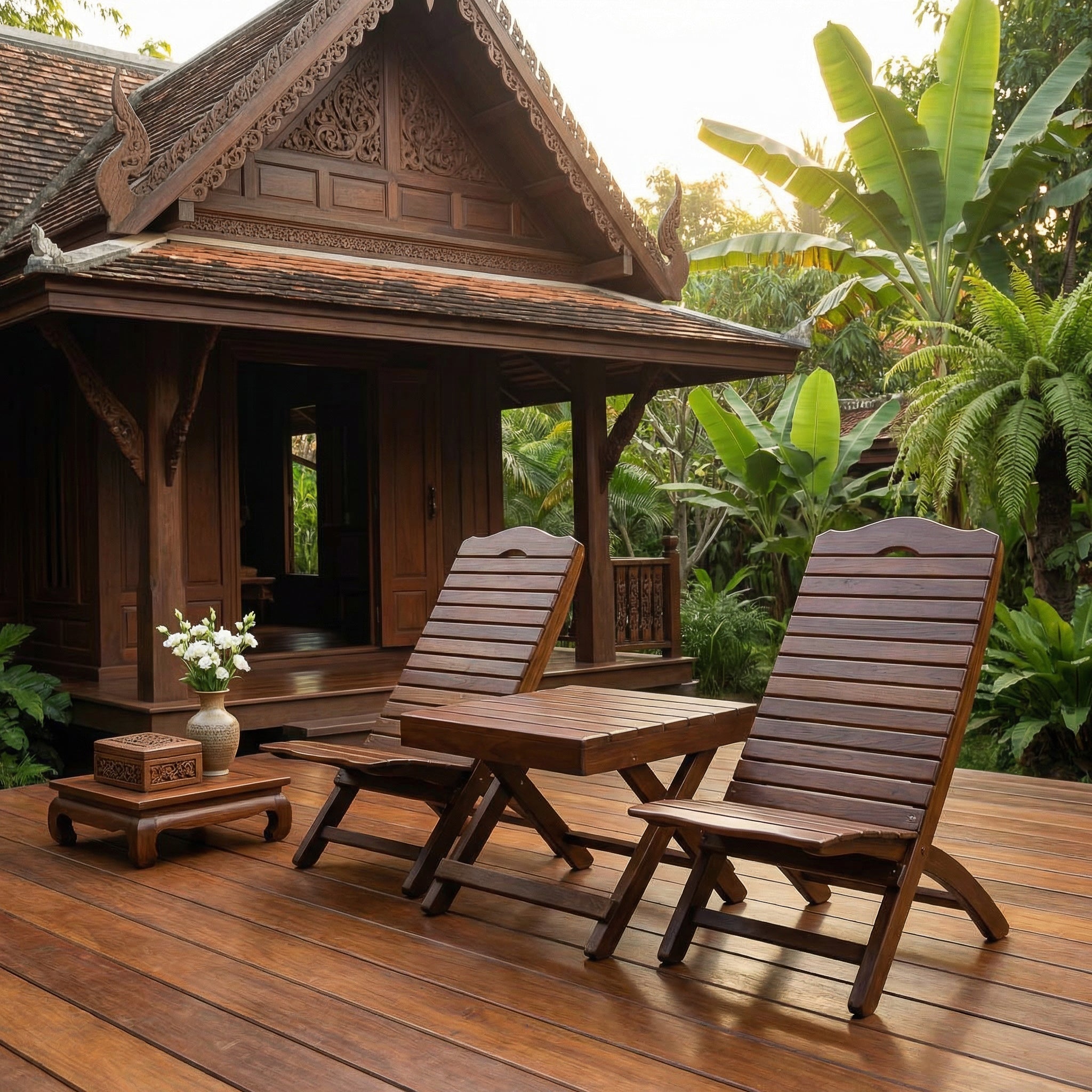 Handcrafted Lanna Style Teak Folding Double Chaise Lounge Set with Side Table from Chiang Rai Thailand - Lalanna Design