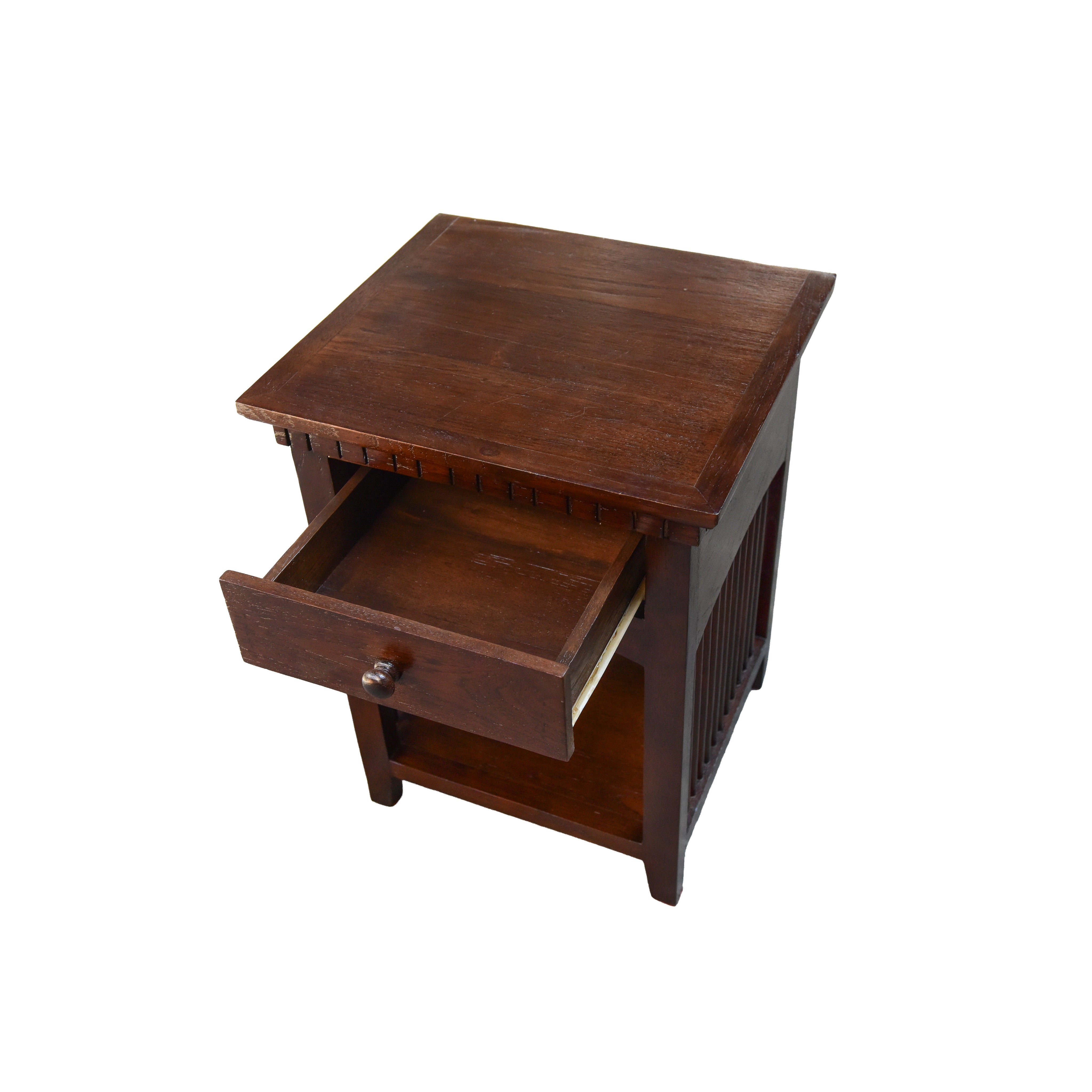 Handcrafted Lanna Style Teak Nightstand with Drawer and Shelf from Chiang Mai Thailand - Lalanna Design