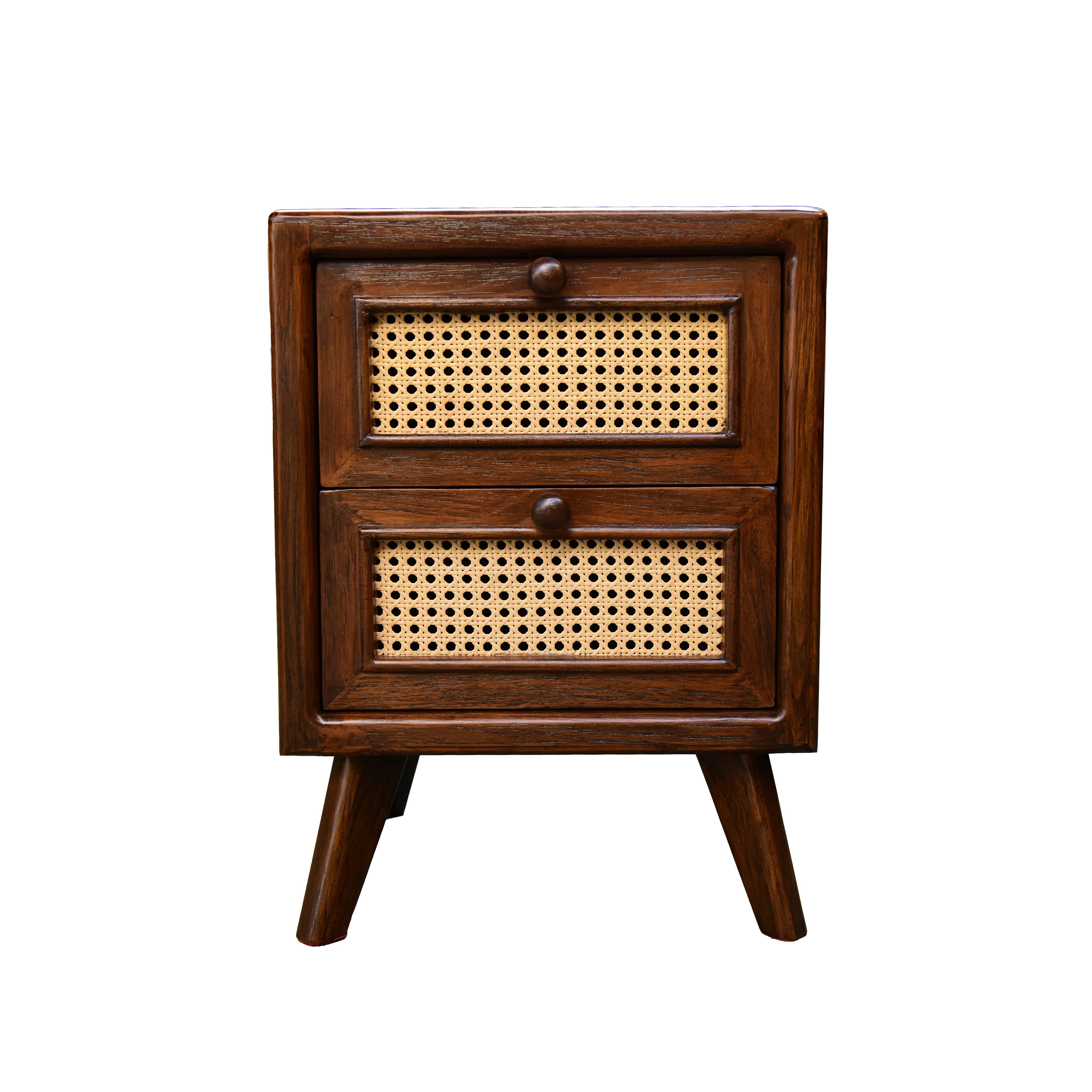 Handcrafted Lanna Style Teak Nightstand with Rattan Cane Drawers from Chiang Rai Thailand - Lalanna Design
