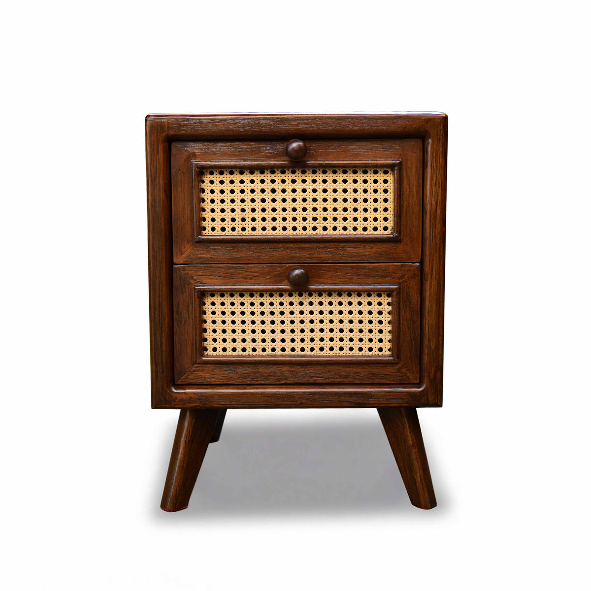 Handcrafted Lanna Style Teak Nightstand with Rattan Cane Drawers from Chiang Mai Thailand - Lalanna Design