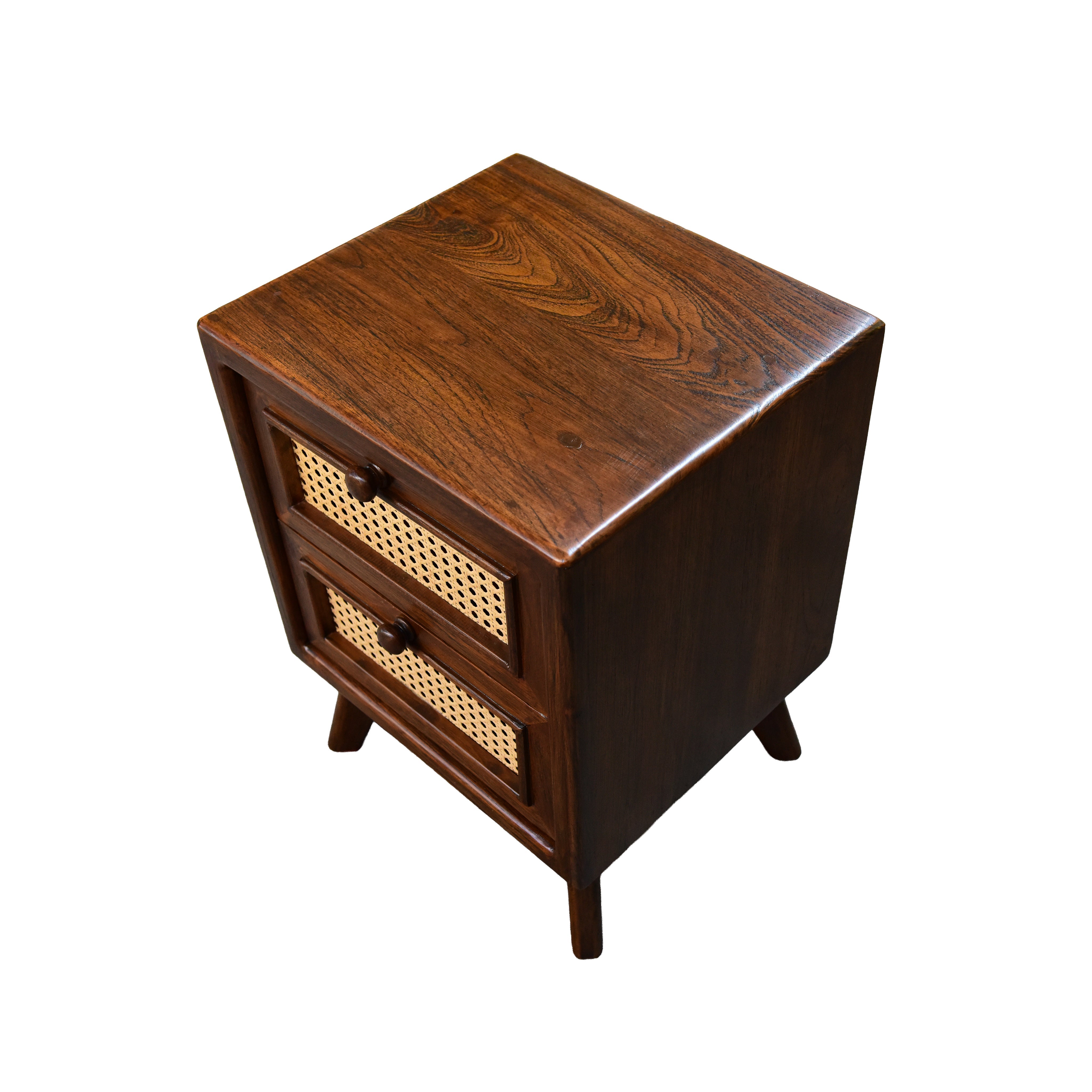 Handcrafted Lanna Style Teak Nightstand with Rattan Cane Drawers from Chiang Mai Thailand - Lalanna Design