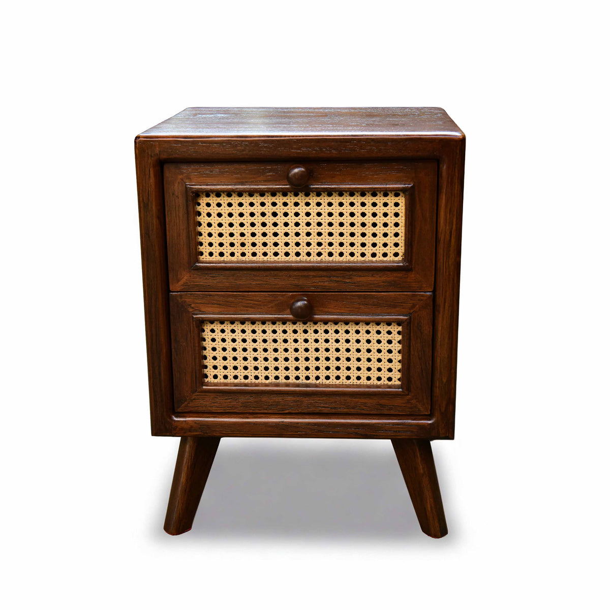 Handcrafted Lanna Style Teak Nightstand with Rattan Cane Drawers from Chiang Mai Thailand - Lalanna Design
