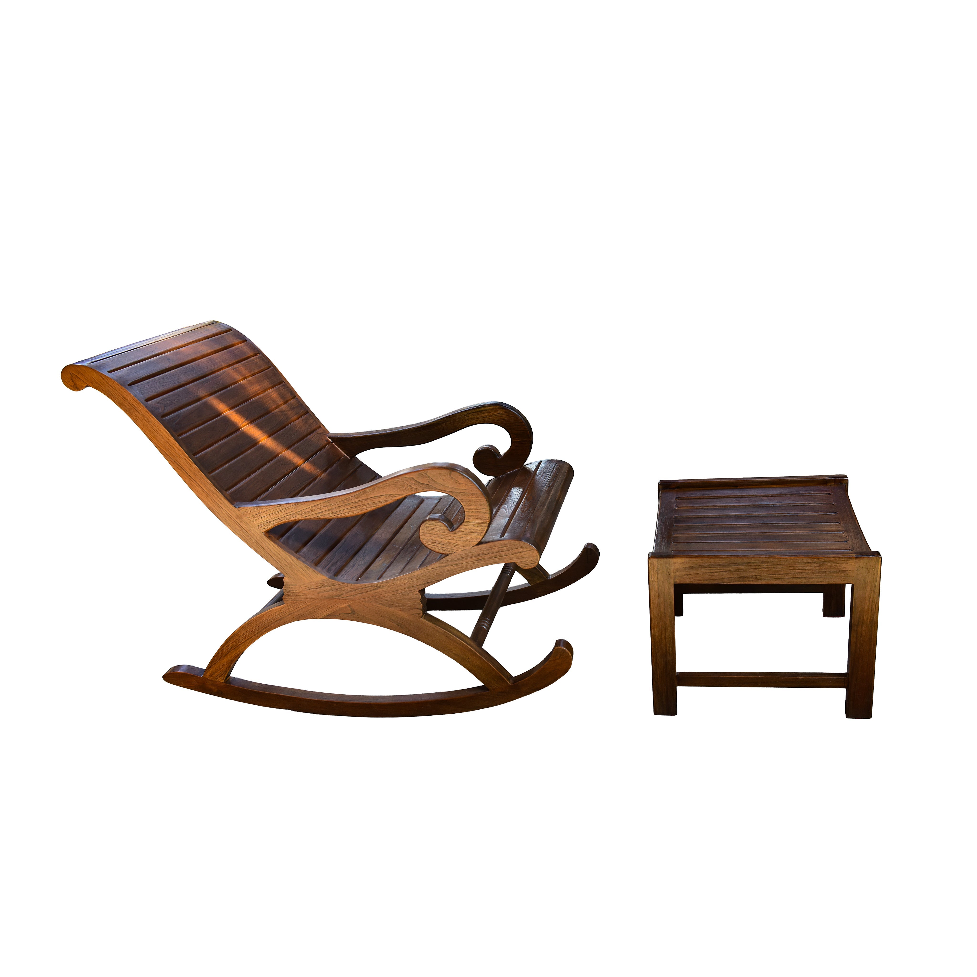 Handcrafted Lanna Style Teak Rocking Chaise Lounge with Ottoman from Chiang Mai Thailand - Lalanna Design