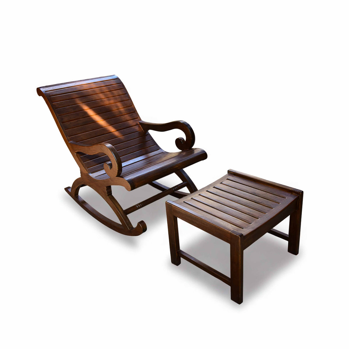 Handcrafted Lanna Style Teak Rocking Chaise Lounge with Ottoman from Chiang Mai Thailand - Lalanna Design