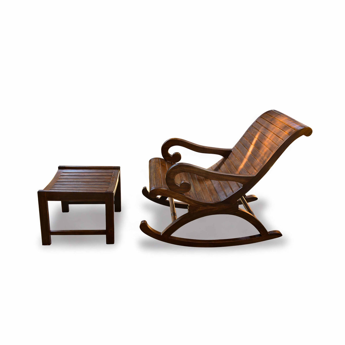 Handcrafted Lanna Style Teak Rocking Chaise Lounge with Ottoman from Chiang Mai Thailand - Lalanna Design