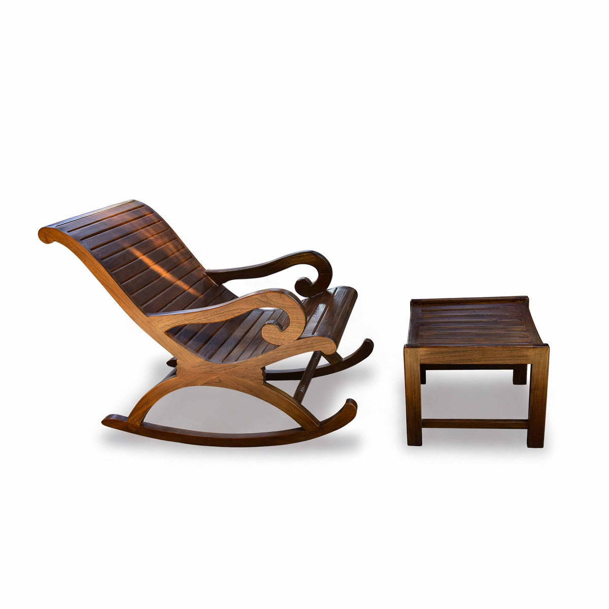 Handcrafted Lanna Style Teak Rocking Chaise Lounge with Ottoman from Chiang Mai Thailand - Lalanna Design