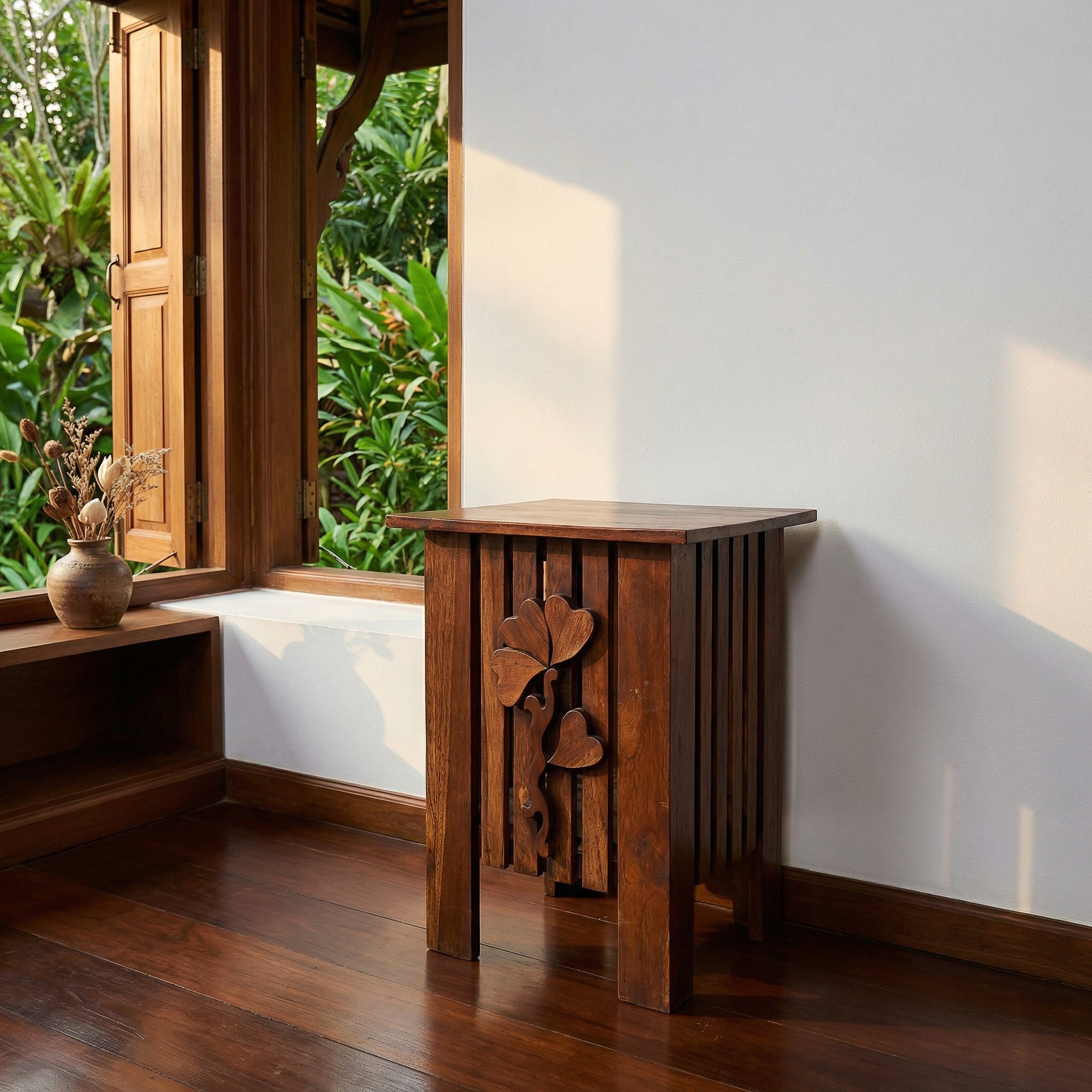 Handcrafted Lanna Style Teak Side Table with Hand-Carved Leaf Motif from Chiang Rai Thailand - Lalanna Design