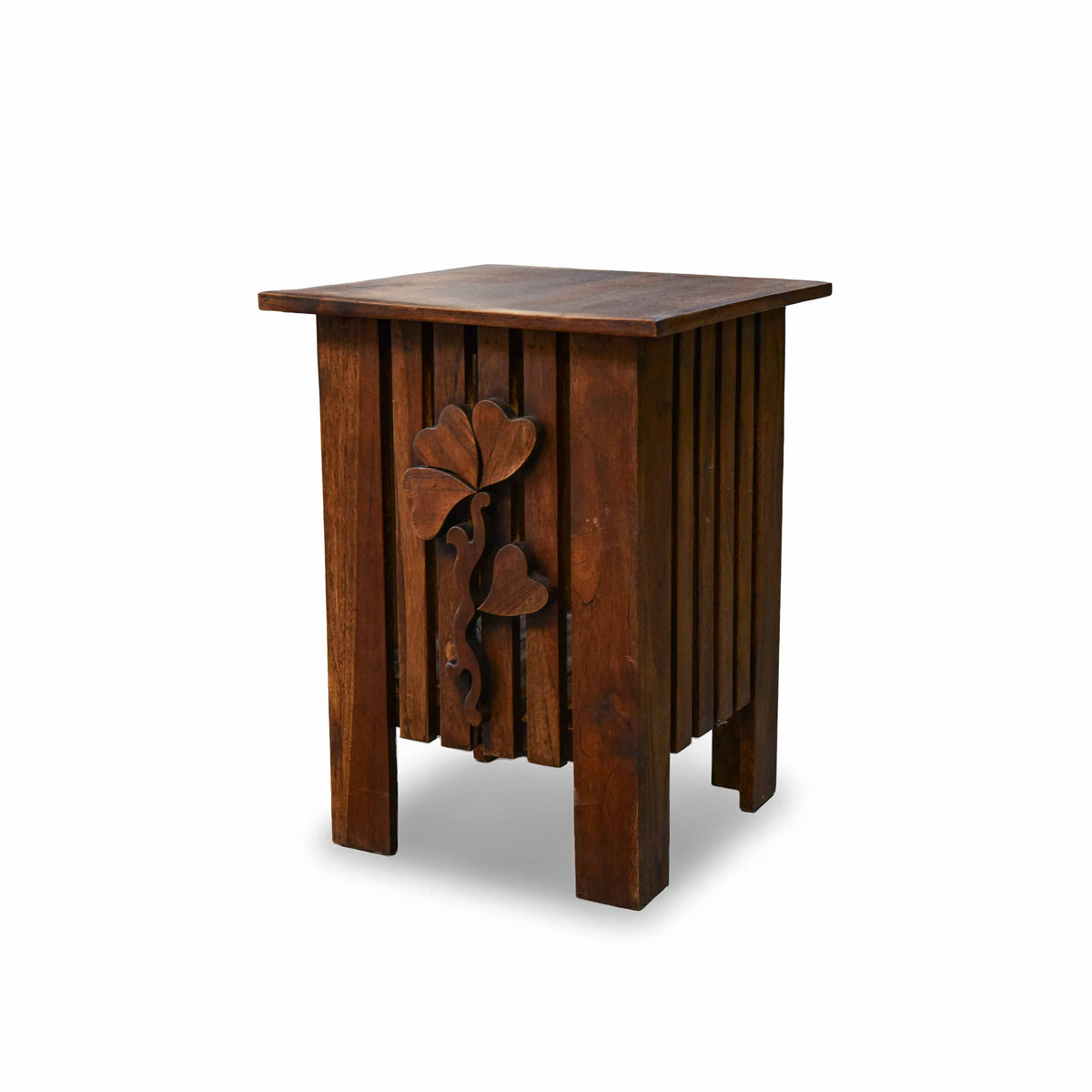 Handcrafted Lanna Style Teak Side Table with Hand-Carved Leaf Motif from Chiang Mai Thailand - Lalanna Design