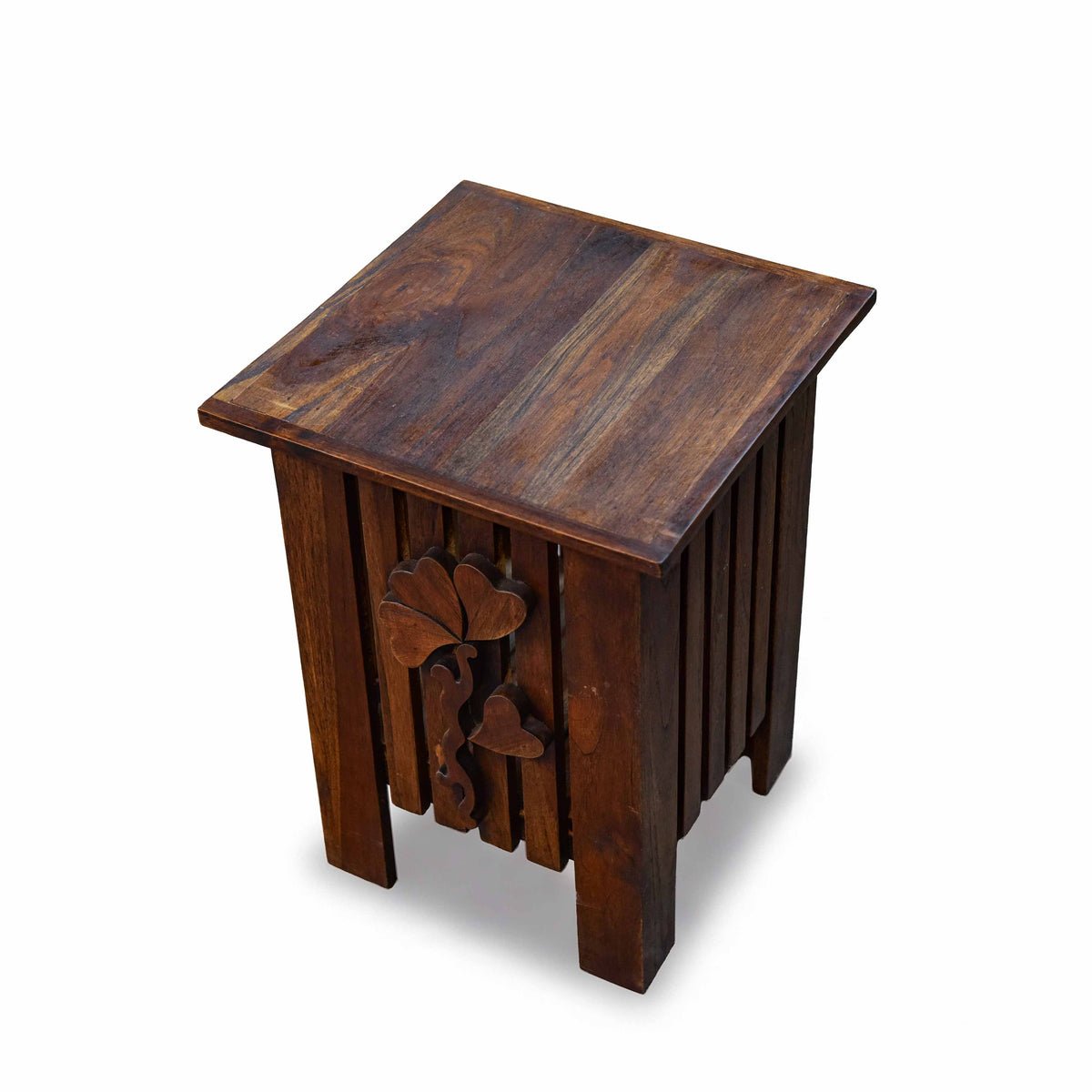 Handcrafted Lanna Style Teak Side Table with Hand-Carved Leaf Motif from Chiang Mai Thailand - Lalanna Design