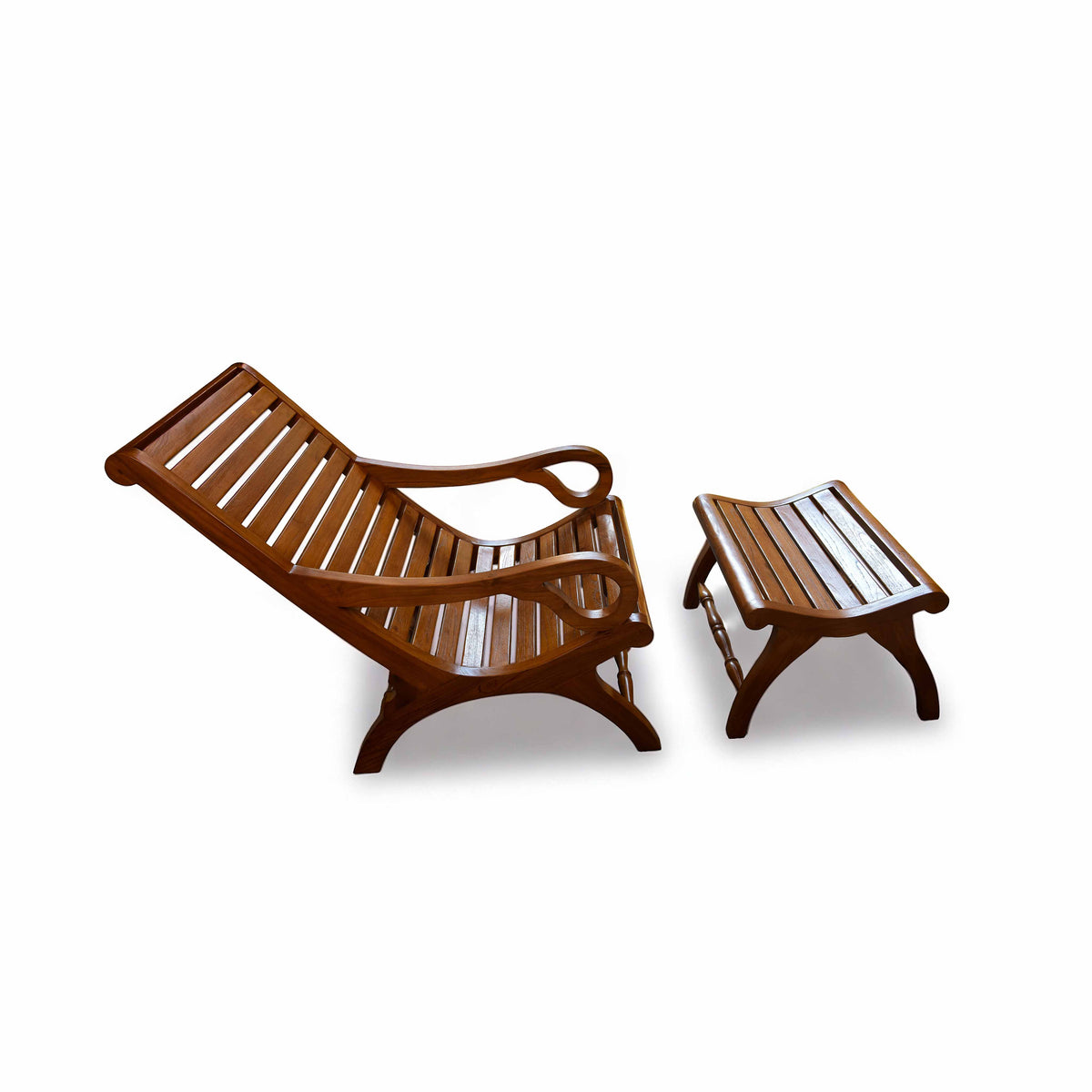Handcrafted Lanna Style Teak Wood Chaise Lounge Chair with Ottoman from Chiang Mai Thailand - Lalanna Design