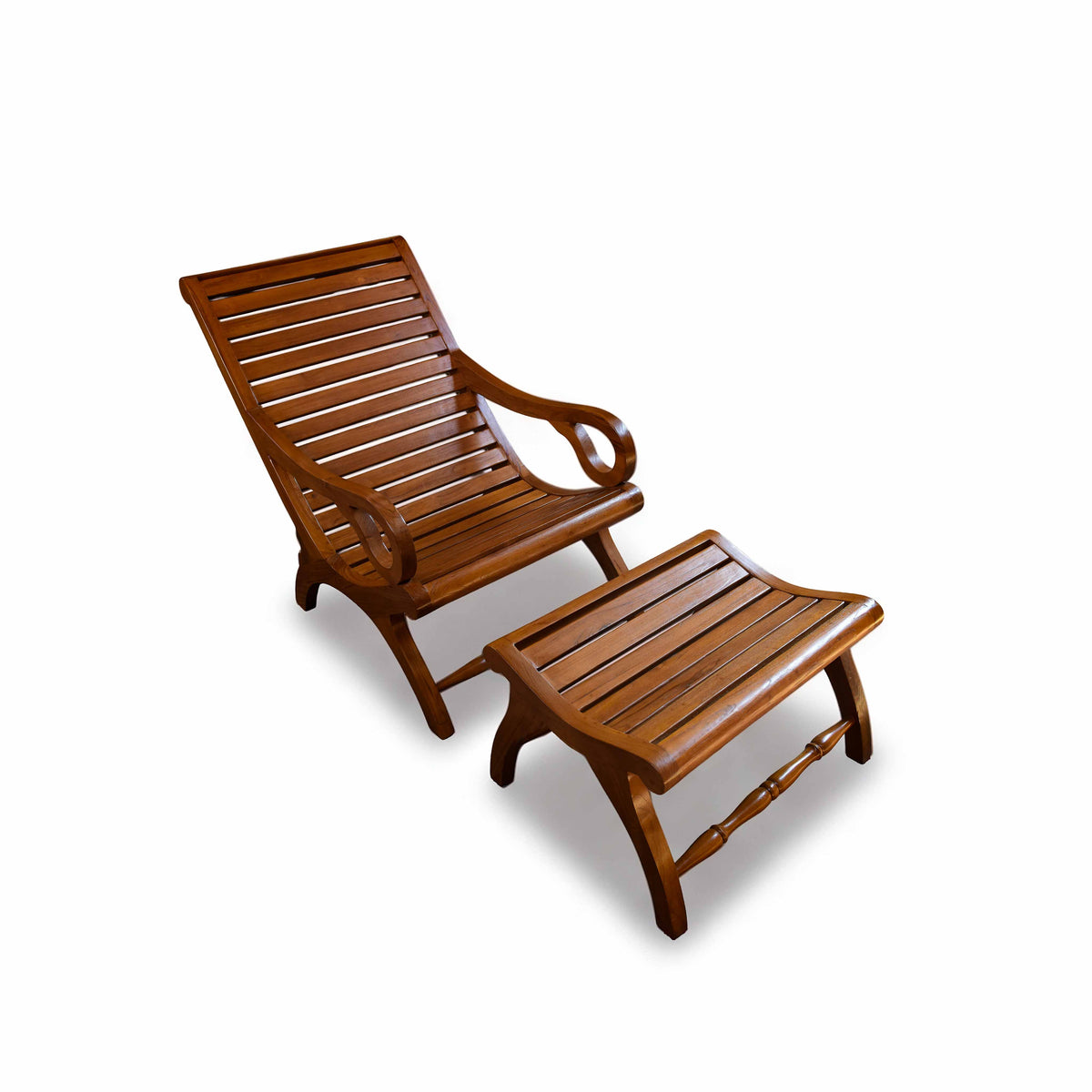 Handcrafted Lanna Style Teak Wood Chaise Lounge Chair with Ottoman from Chiang Mai Thailand - Lalanna Design