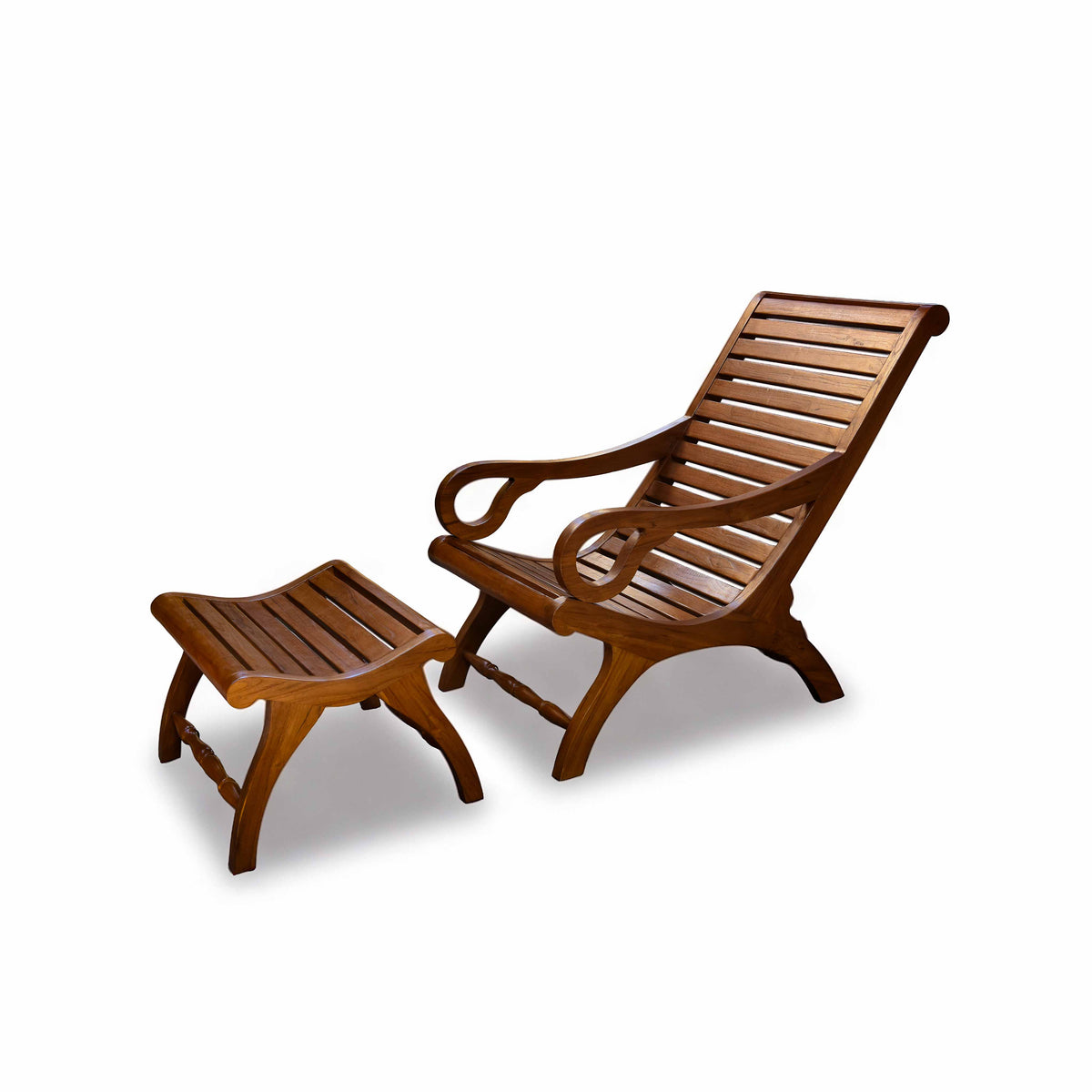 Handcrafted Lanna Style Teak Wood Chaise Lounge Chair with Ottoman from Chiang Mai Thailand - Lalanna Design