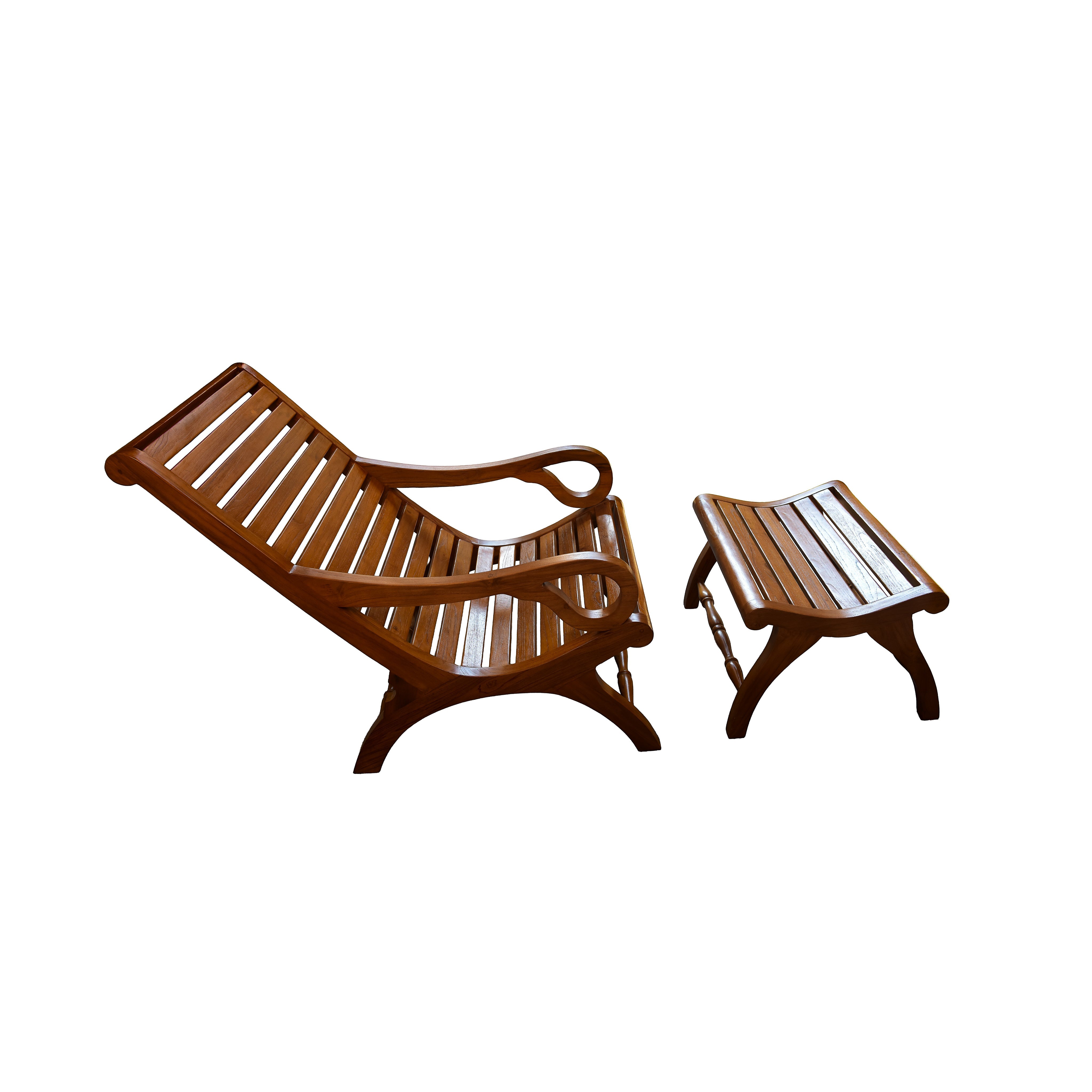 Handcrafted Lanna Style Teak Wood Chaise Lounge Chair with Ottoman from Chiang Rai Thailand - Lalanna Design