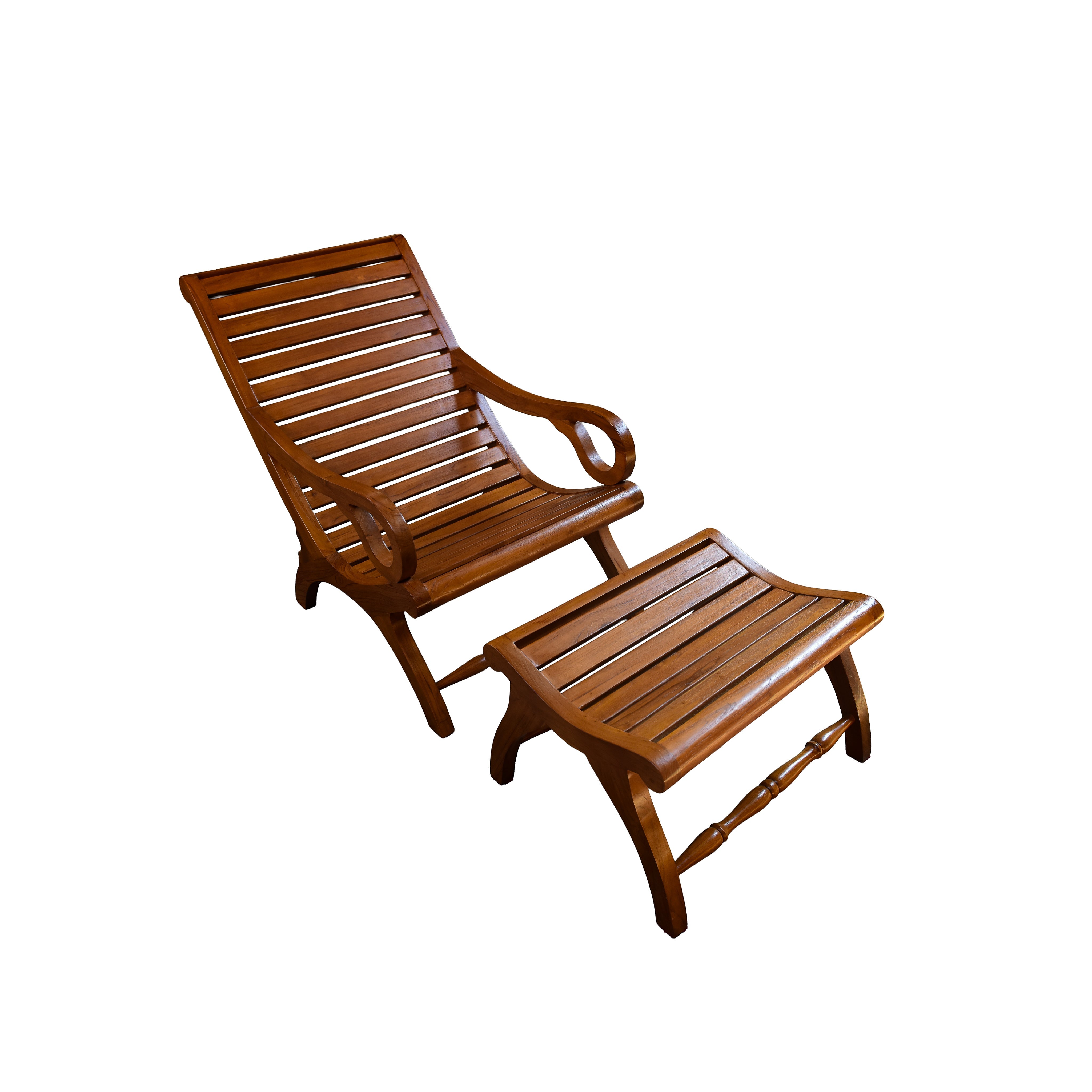 Handcrafted Lanna Style Teak Wood Chaise Lounge Chair with Ottoman from Chiang Rai Thailand - Lalanna Design